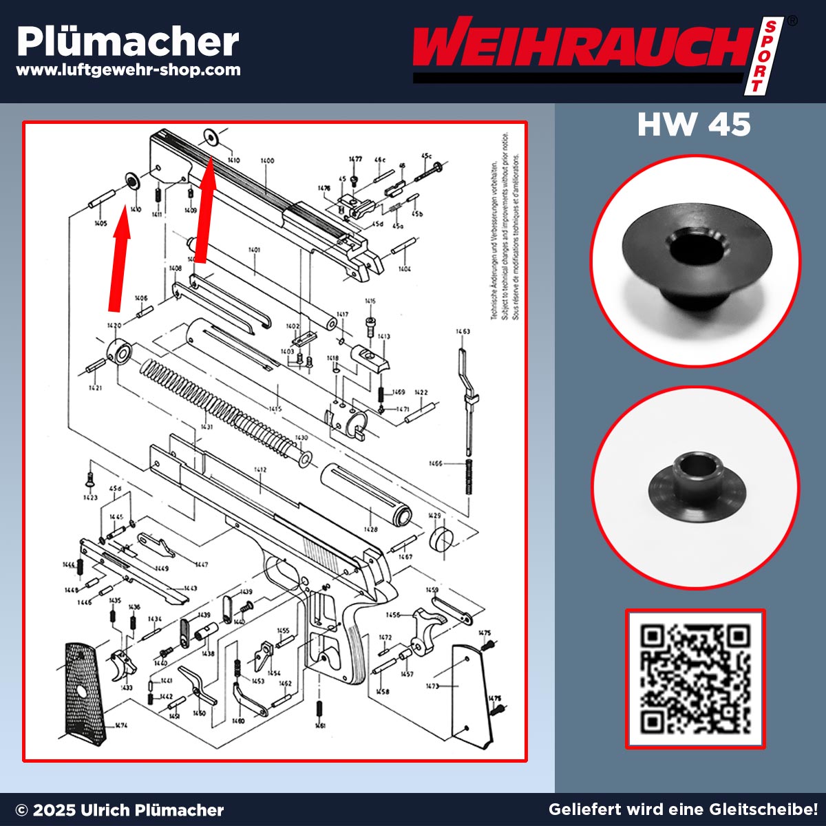 Gleitscheibe für Weihrauch HW 45 (Pos. 1410) – reibungsarme Scheibe zur Optimierung des Spannvorgangs, passend für alle Varianten