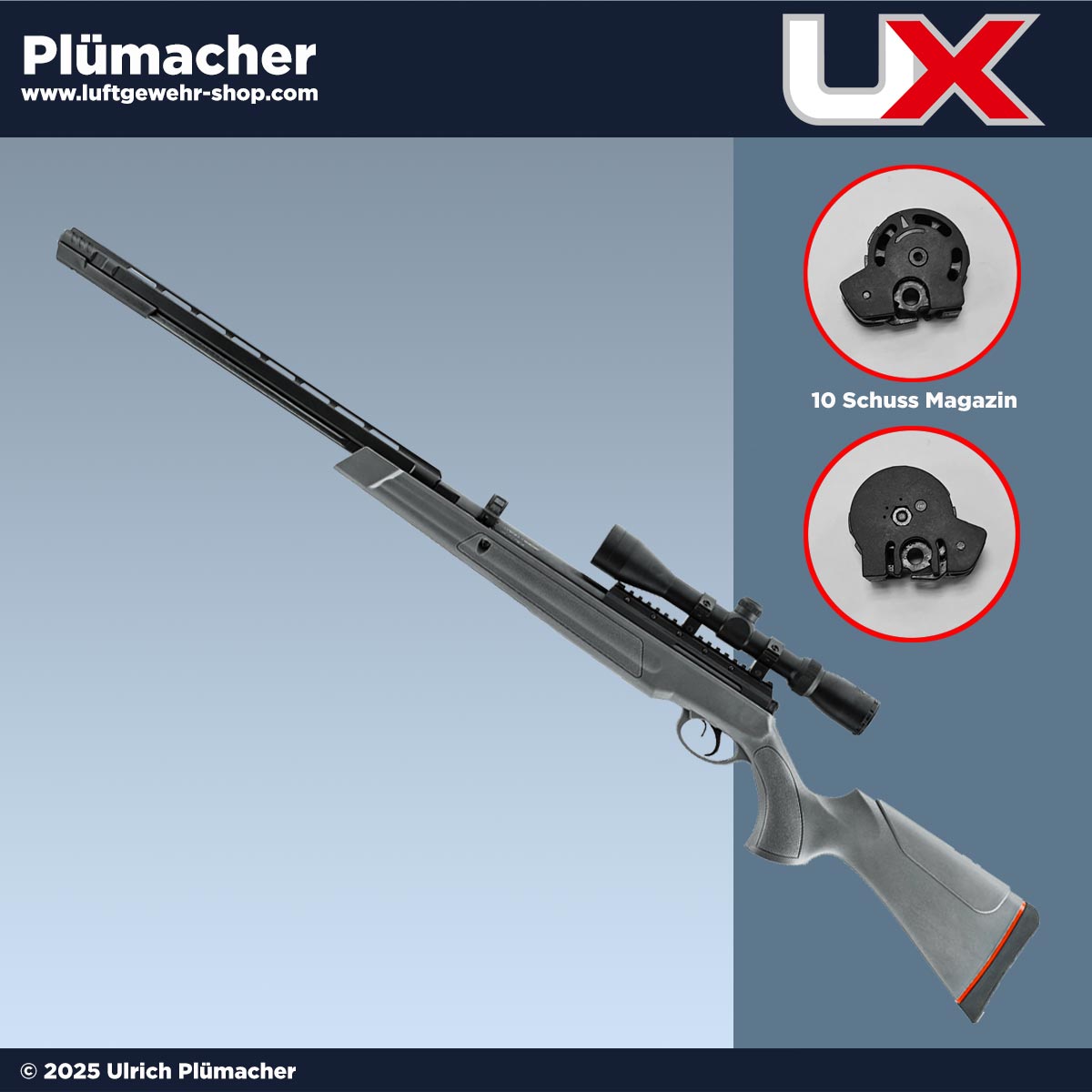 UX Synergis Elite Luftgewehr 4,5 mm im Kit mit 3-9x40 Zielfernrohr und 10-Schuss Trommelmagazin, grauer Polymerschaft