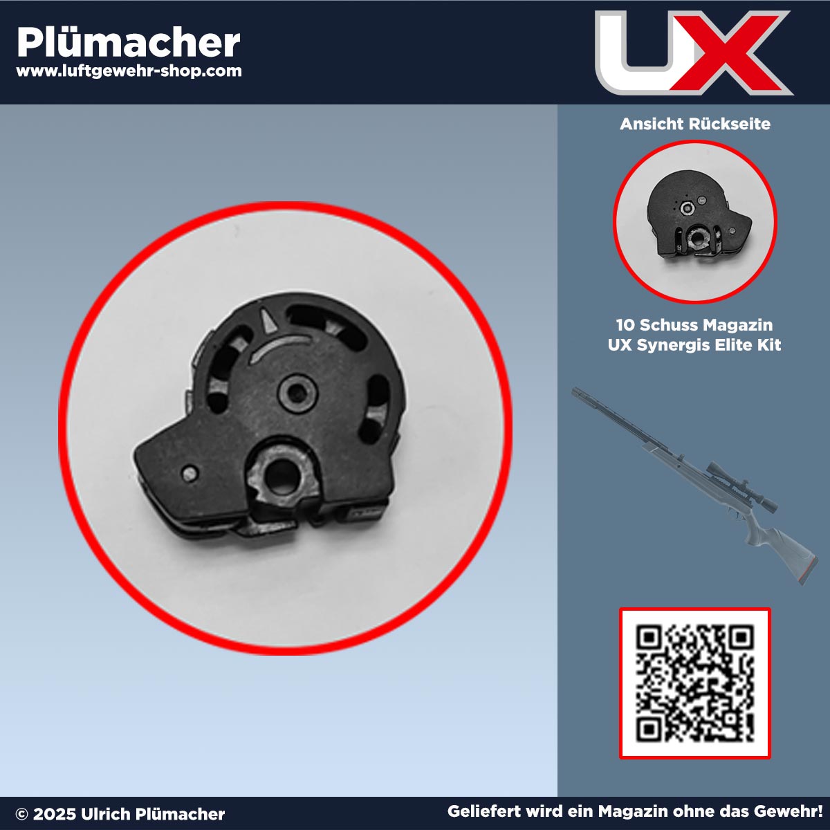 Ersatzmagazin für UX Synergis Elite Luftgewehr, 10 Schuss Trommelmagazin im Kaliber 4,5 mm Diabolo, Vorder- und Rückansicht