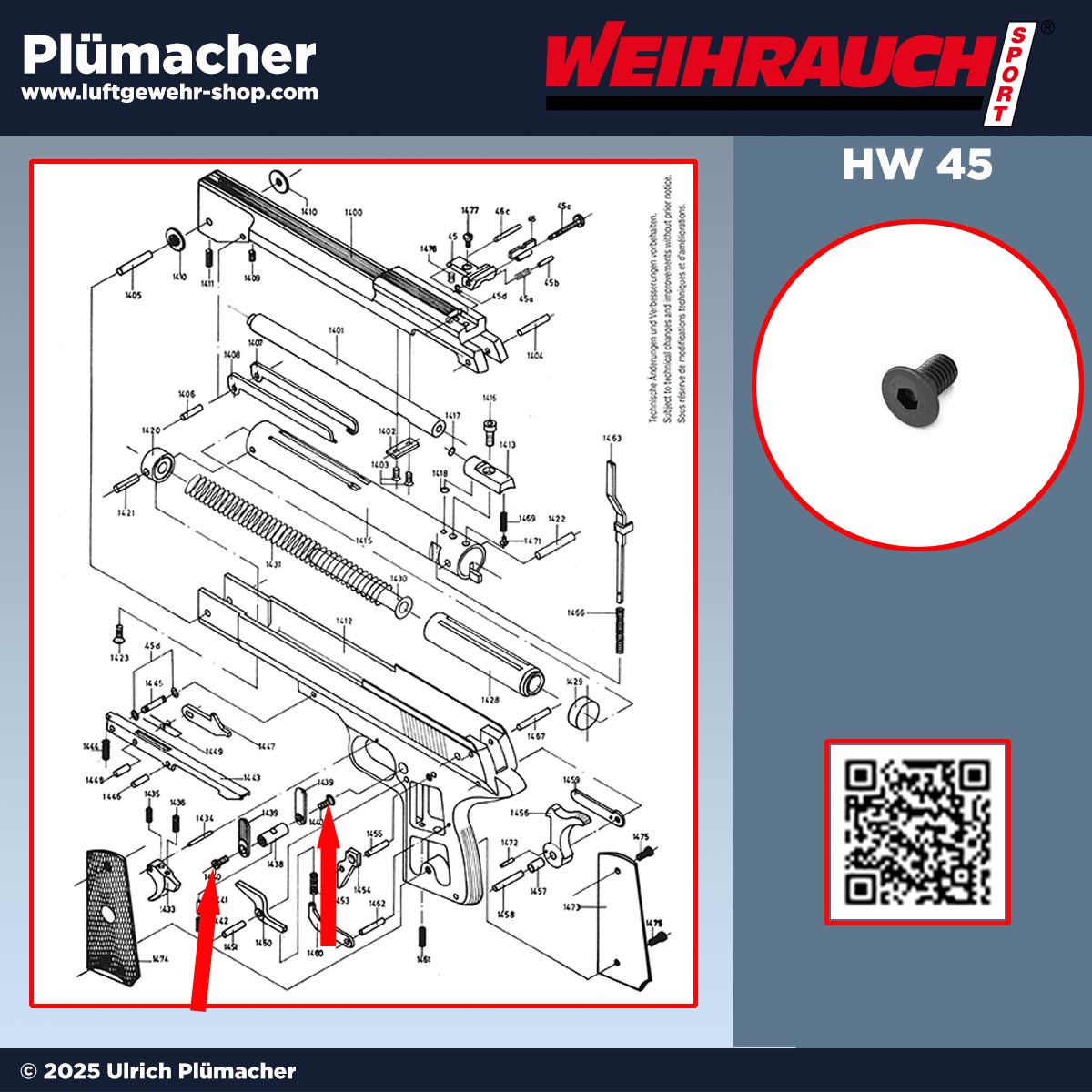 Schraube für die Sicherungshebel der Weihrauch HW 45 – Senkkopfschraube, Pos. 1440, passend für brüniert, vernickelt, Silver Star, Bronze Star und Black Star