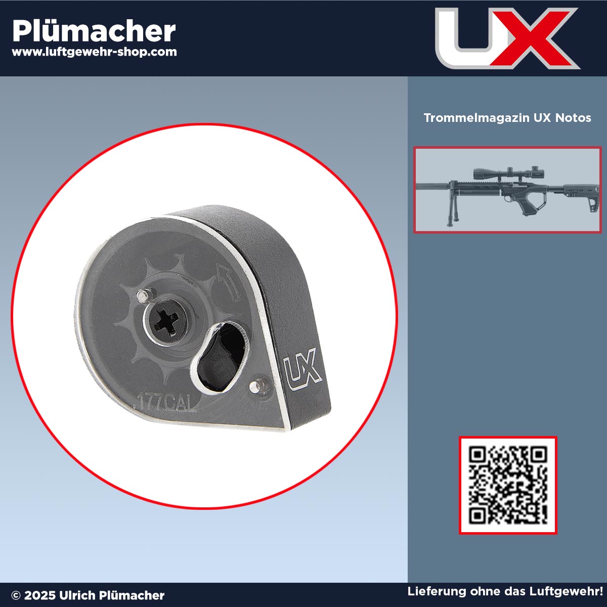 Trommelmagazin 9 Schuss für UX Notos PCP-Luftgewehr im Kaliber 4,5 mm (.177) Diabolo – Ersatz- und Reservemagazin