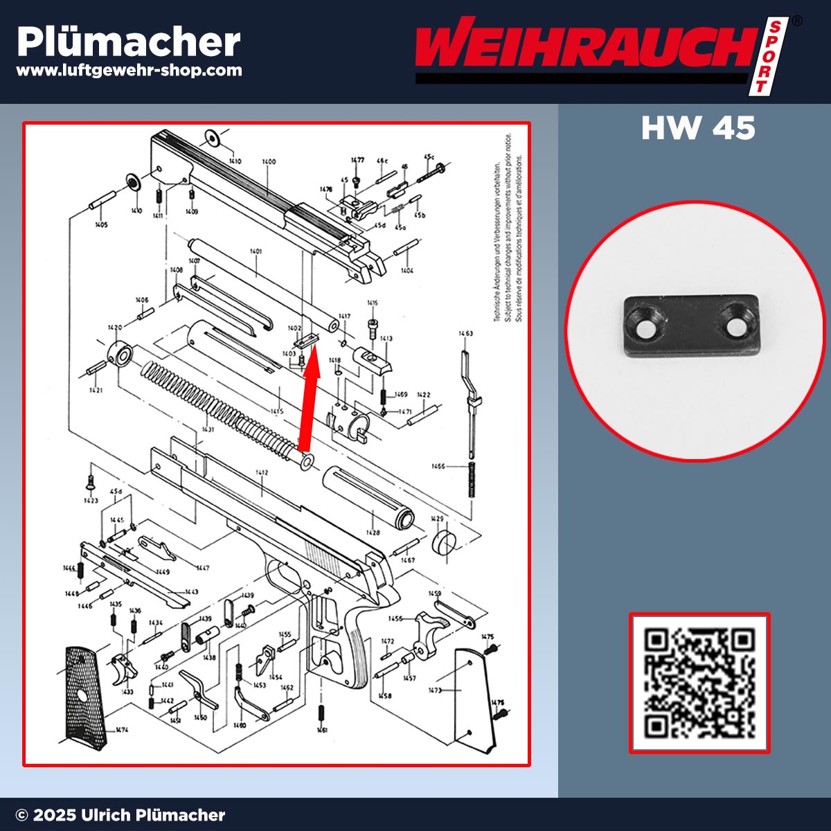 Klemmblech aus Stahl für Weihrauch HW 45 zur Fixierung des Laufs am Gehäuseoberteil; Montage mit zwei Schrauben, Schrauben nicht im Lieferumfang