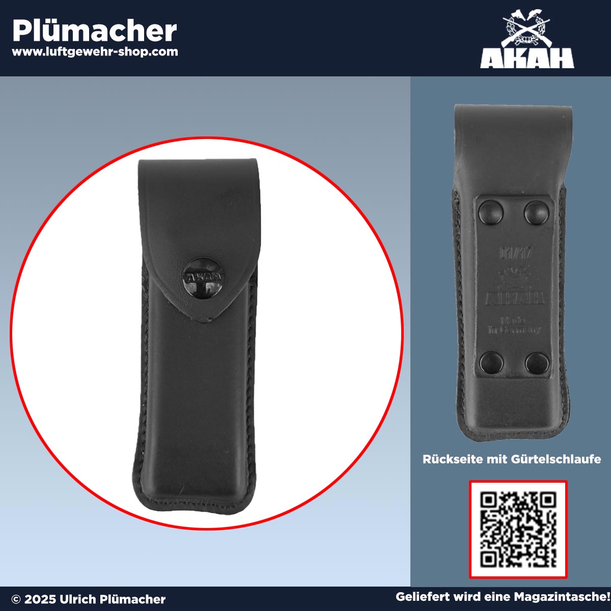 Magazintasche aus hochwertigem Leder von AKAH – Vorder- und Rückansicht, passend für Pistolenmagazine RG96, Zoraki 914, Walther PP, P22Q und Browning GPDA9