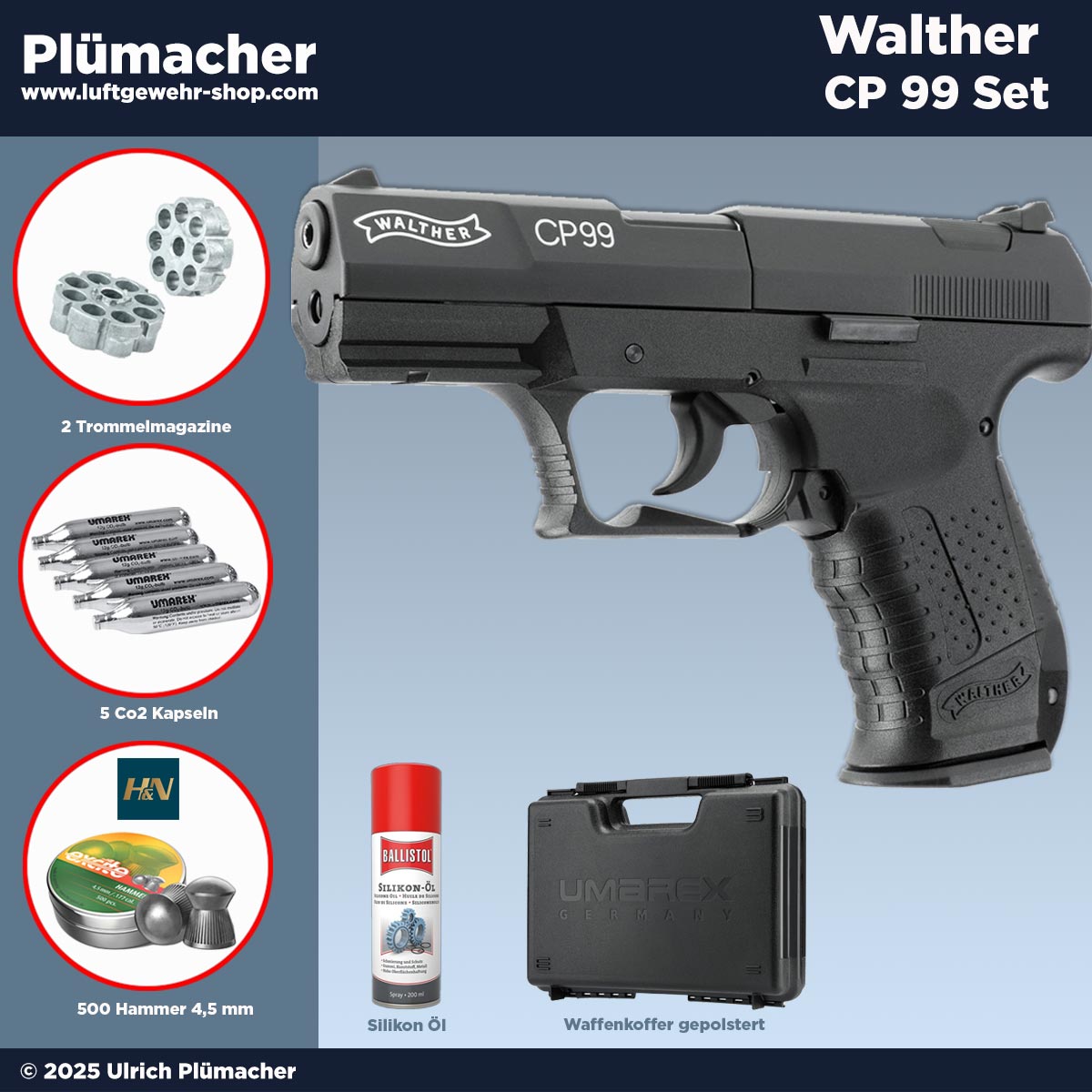 Walther CP99 CO₂ Pistolen-Set „Ready for Action“ – 4,5 mm mit Koffer, 2 Trommelmagazinen & Zubehör