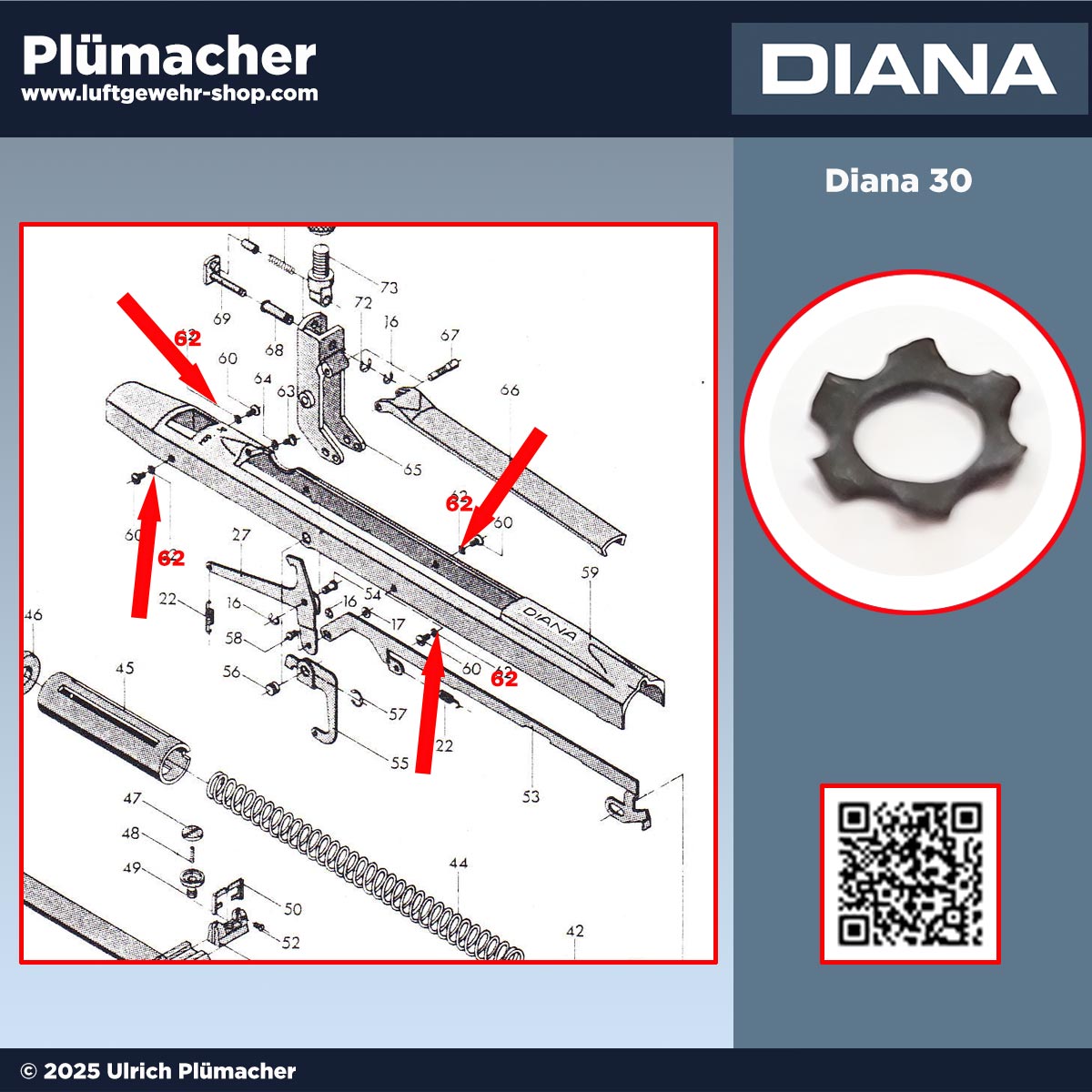 Explosionszeichnung des Diana 30 Luftgewehrs mit markierten Positionen der Zahnscheiben (Pos. 62). Vier Pfeile verdeutlichen den Einbauort der Schraubensicherung.