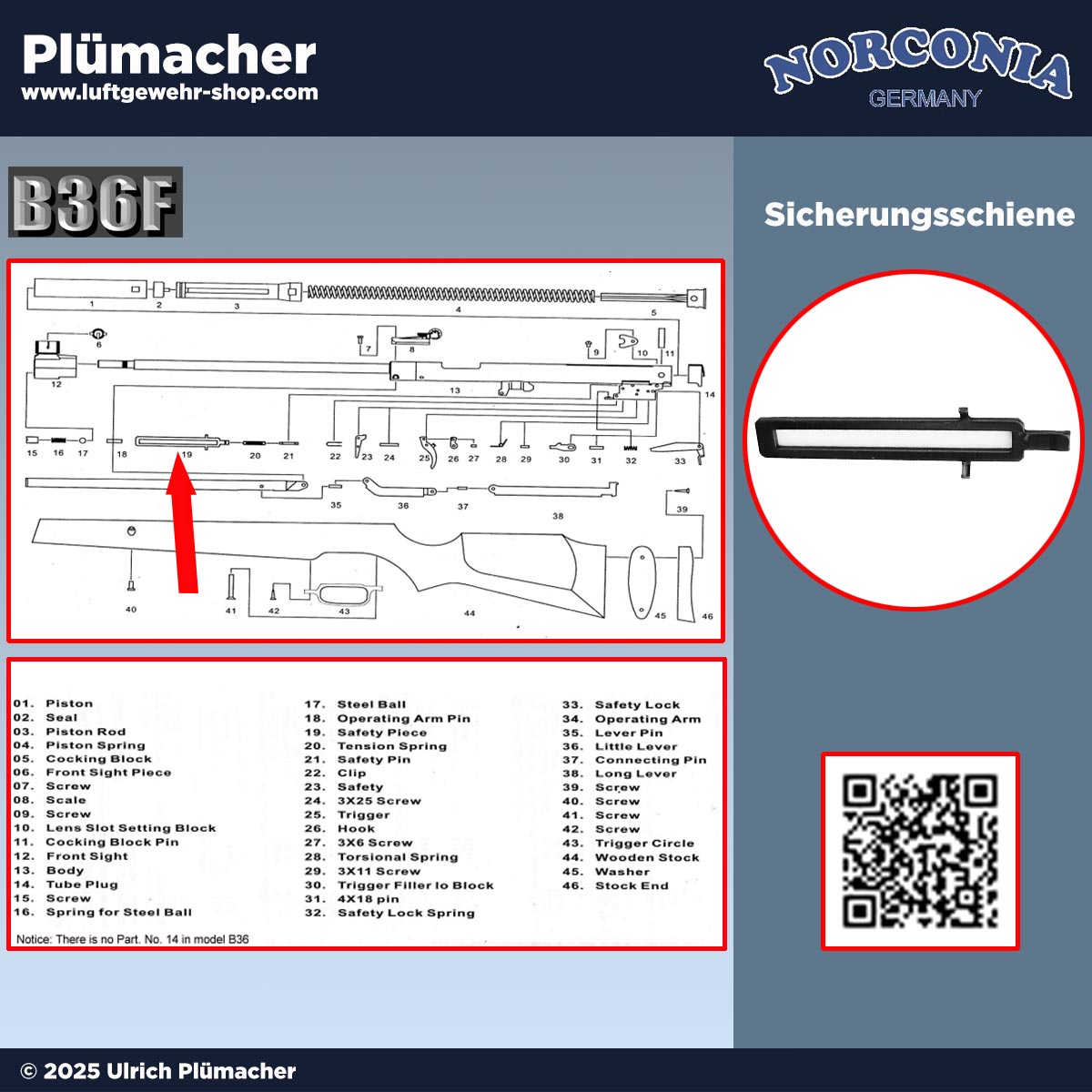Original Sicherungsschiene für das Norconia B36 Luftgewehr (Unterspannhebel), Pos. 19 auf der Explosionszeichnung – Ersatzteil für Abzug und Sicherung, Reparatur und Instandsetzung.