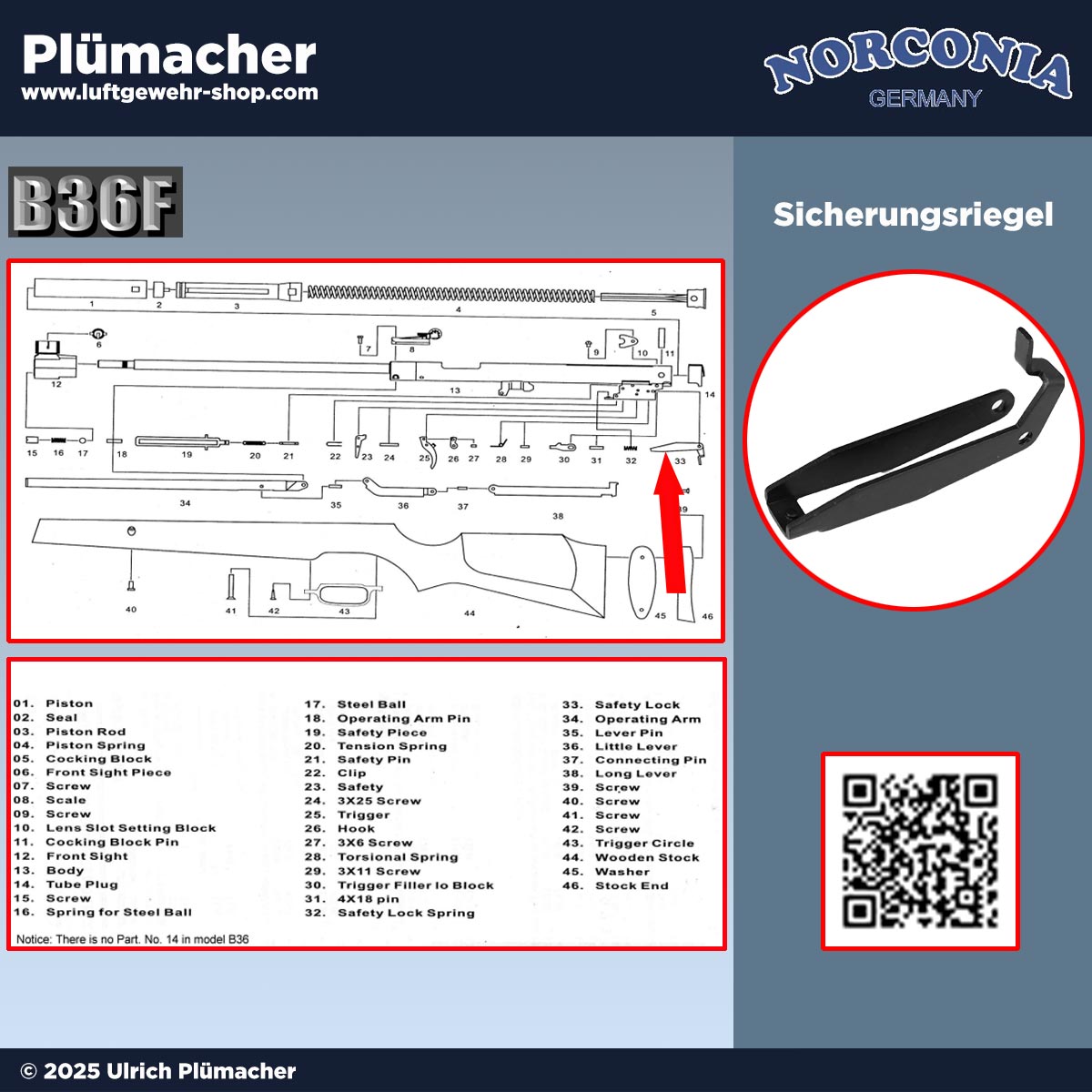 Original Sicherungsriegel für das Norconia B36 Luftgewehr, Pos. 33 auf der Explosionszeichnung – Ersatzteil für Abzug und Sicherung, Reparatur und Instandsetzung.