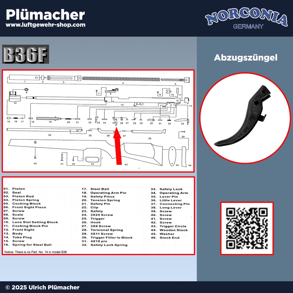 Abzugszüngel (Abzug, Pos. 25) aus Metall für das Norconia B36 Luftgewehr – Original Ersatzteil für Reparatur und Instandsetzung.