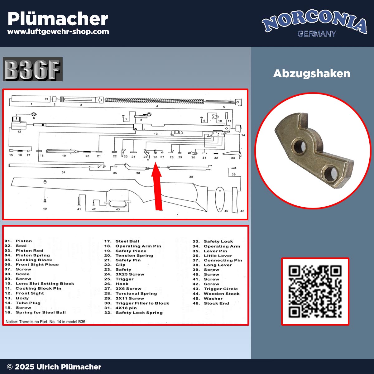 Abzugshaken (Pos. 26) für das Norconia B36 Luftgewehr. Original Ersatzteil für das Abzugssystem, wird im Abzugszüngel mit Haltebolzen fixiert.
