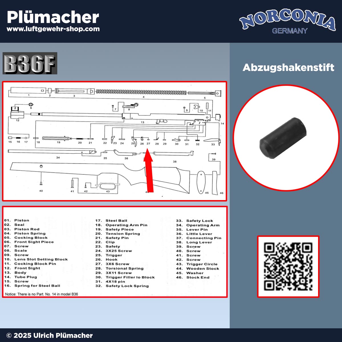 Abzugshakenstift für Norconia B36 Luftgewehr – Ersatzteil Abzug Pos. 27