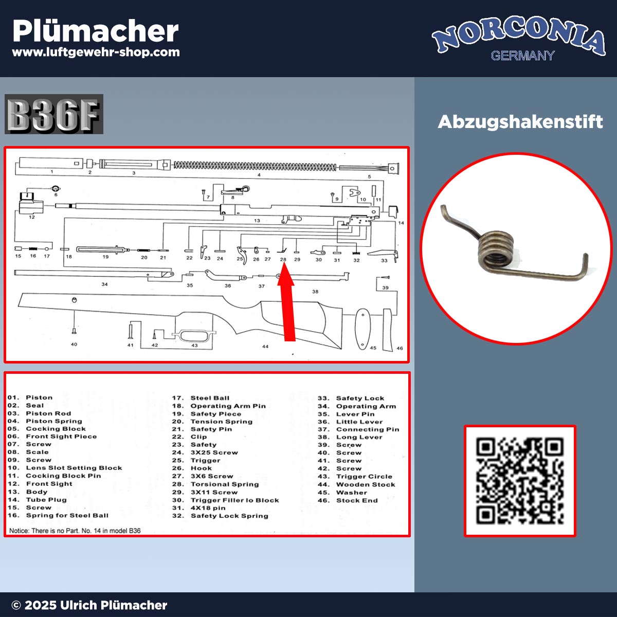 Original Abzugsfeder (Pos. 28) für das Norconia B36 Luftgewehr. Spezielle Formfeder für das Abzugssystem – Ersatzteil für Reparatur und Instandsetzung.