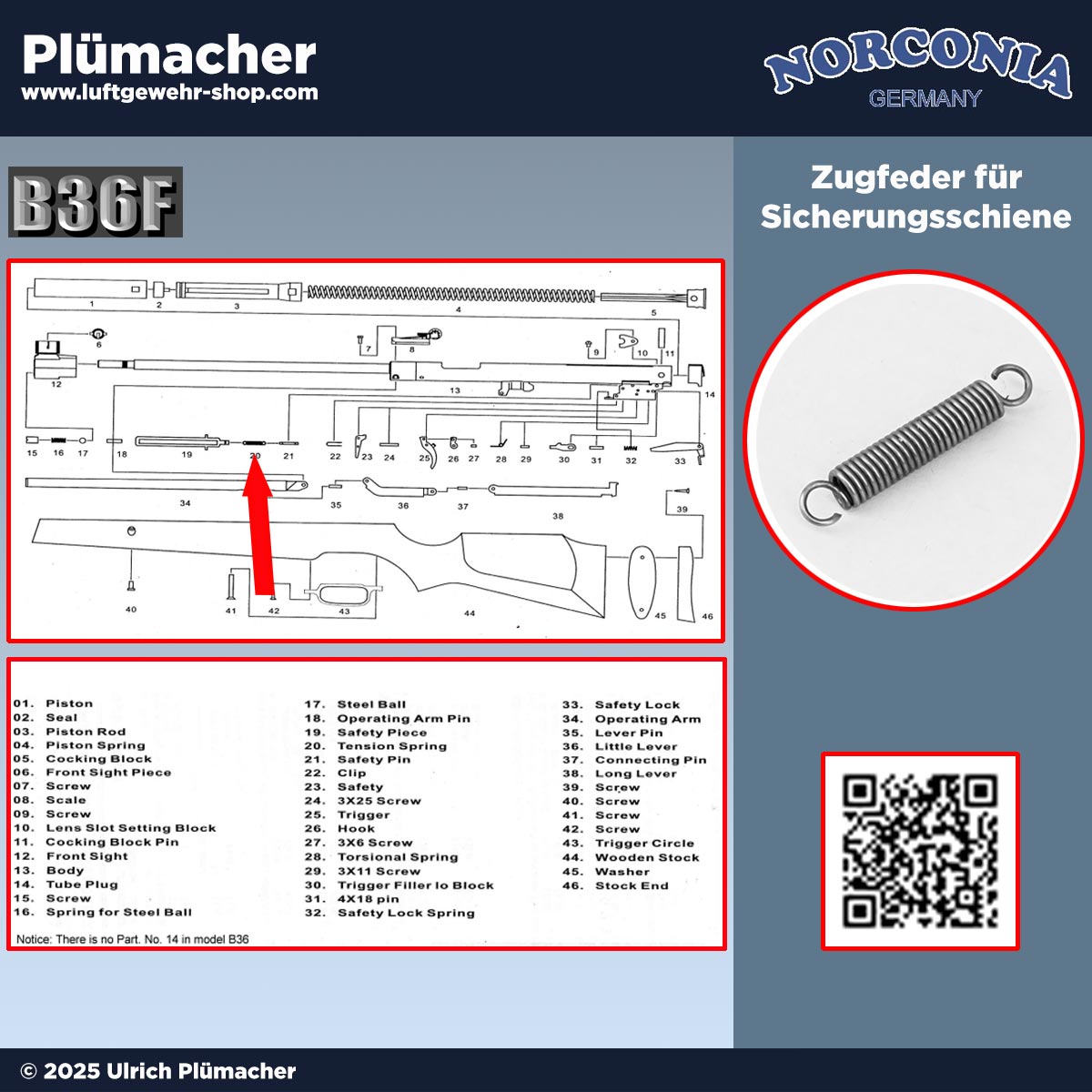Original Zugfeder für den Sicherungsschieber des Norconia B36 Luftgewehrs. Pos. 20 auf der Explosionszeichnung, 2x erforderlich – Ersatzteil für Reparatur und Instandsetzung.