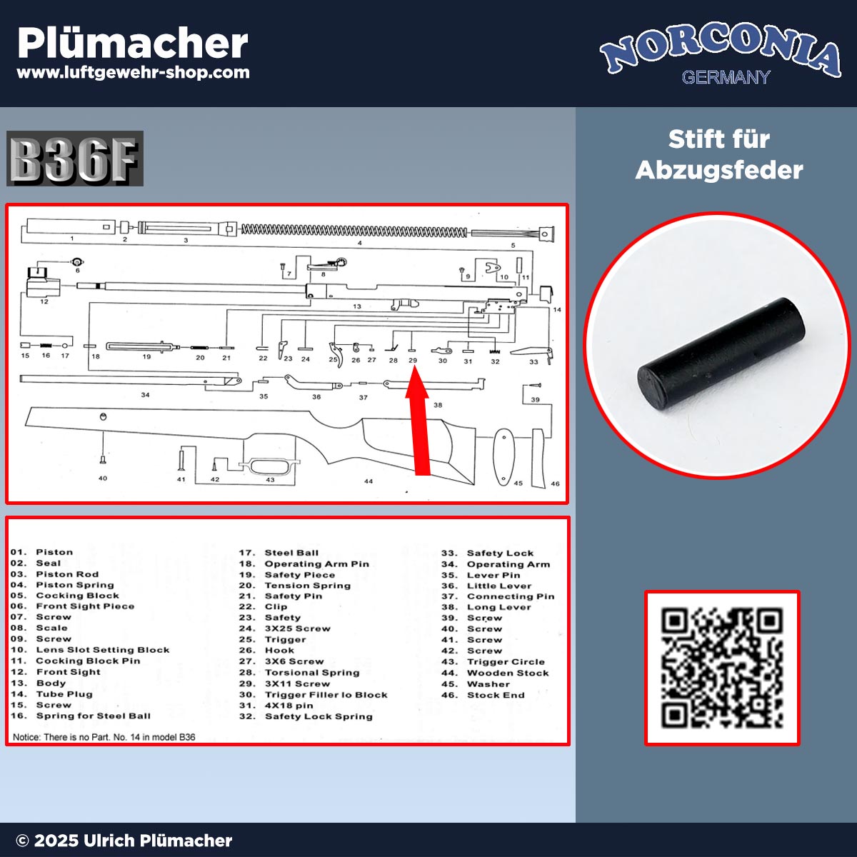 Stift für die Abzugsfeder (Pos. 29) im Abzugszüngel des Norconia B36 Luftgewehrs. Original Haltestift für Reparatur, Wartung und Instandsetzung.