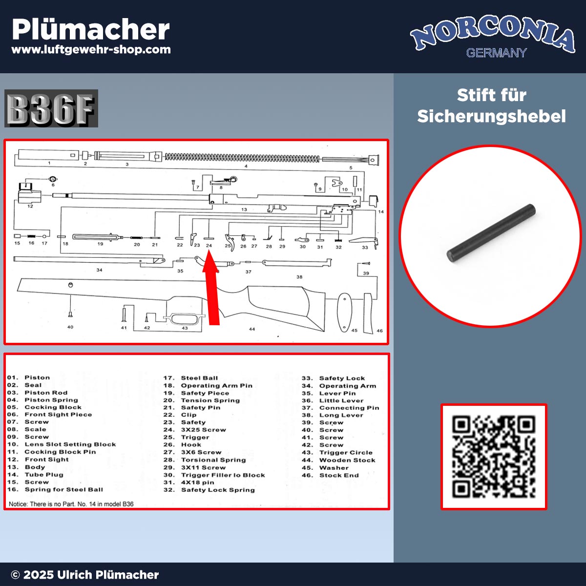 Brünierter Metallstift für den Sicherungshebel (Pos. 24) des Norconia B36 Luftgewehrs. Original Ersatzteil zur Fixierung am Gehäuse – ideal für Reparatur und Instandsetzung.