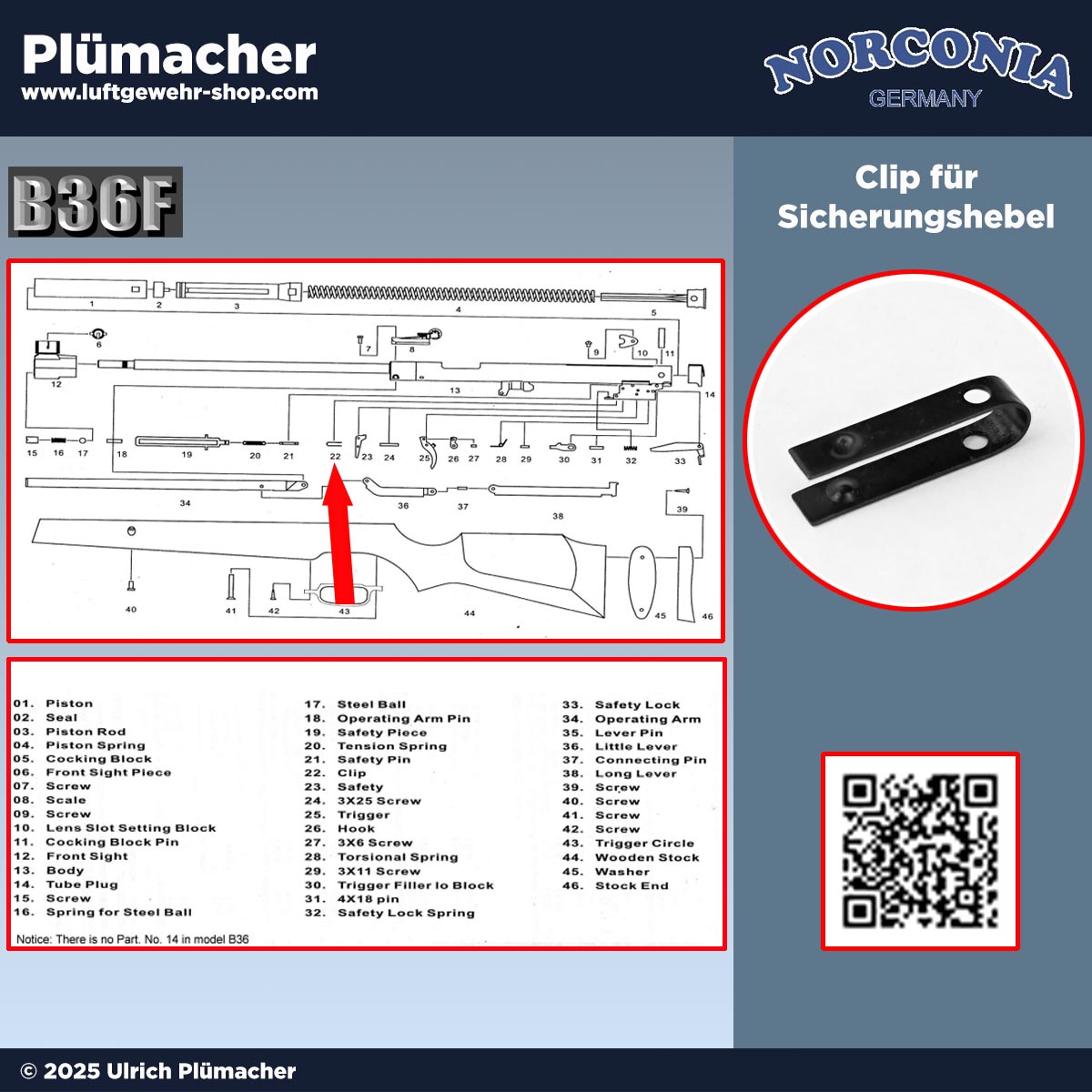 Clip für den Sicherungshebel (Pos. 22) des Norconia B36 Luftgewehrs. Original Ersatzteil, übernimmt die Rastfunktion der Sicherung – ideal für Reparatur und Instandsetzung.