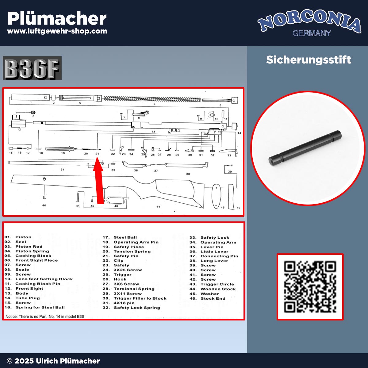 Sicherungsstift (Pos. 21) für das Norconia B36 Luftgewehr. Dient als Haltstift für die beiden Sicherungsfedern (Pos. 20), mit Kerben für sicheren Halt – Original Ersatzteil.