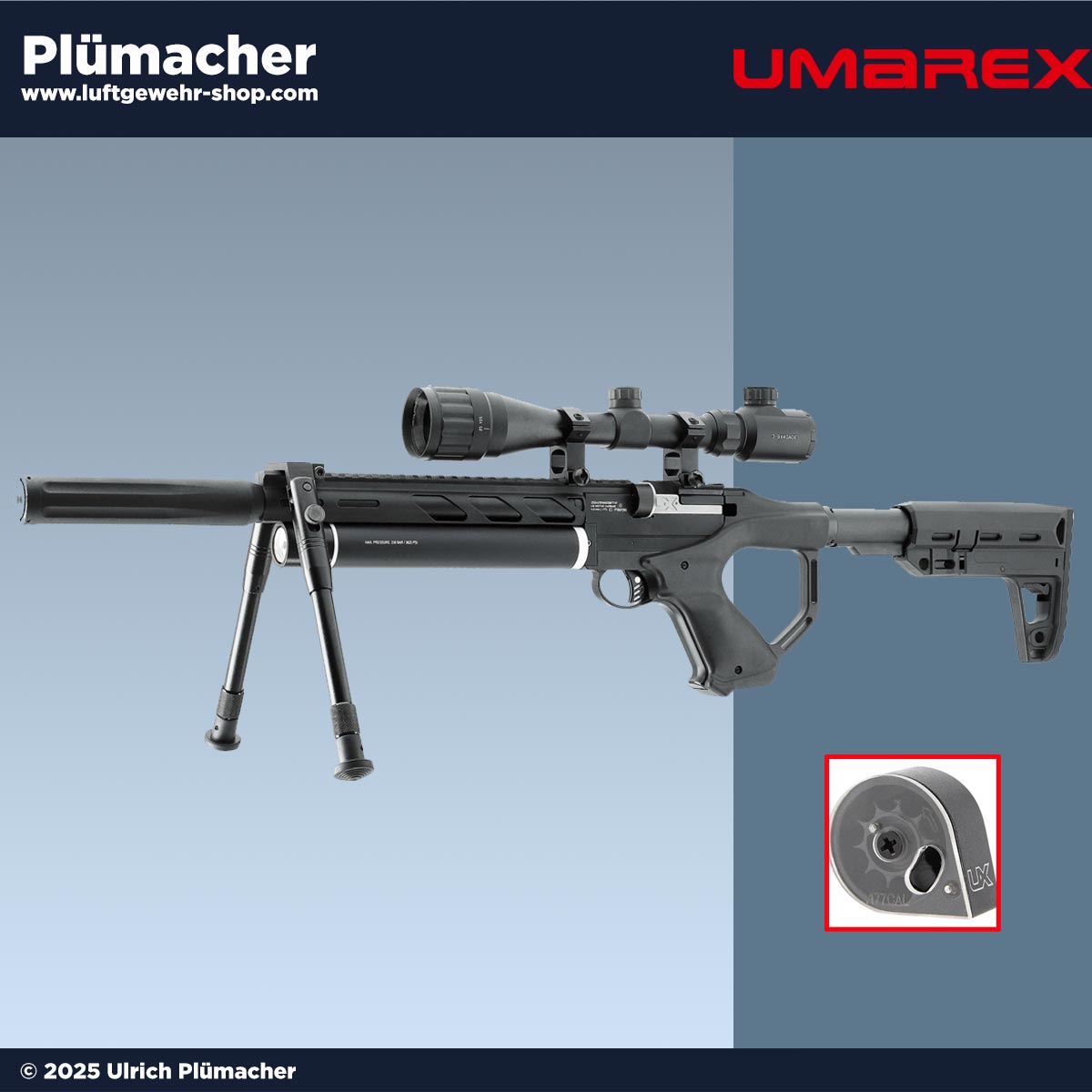 UX Notos Carbine Kit – kompaktes Pressluftgewehr im Kaliber 4,5 mm mit 9-Schuss-Magazin, Zielfernrohr 3-9x40, Zweibein, Regulator und Schalldämpfer.