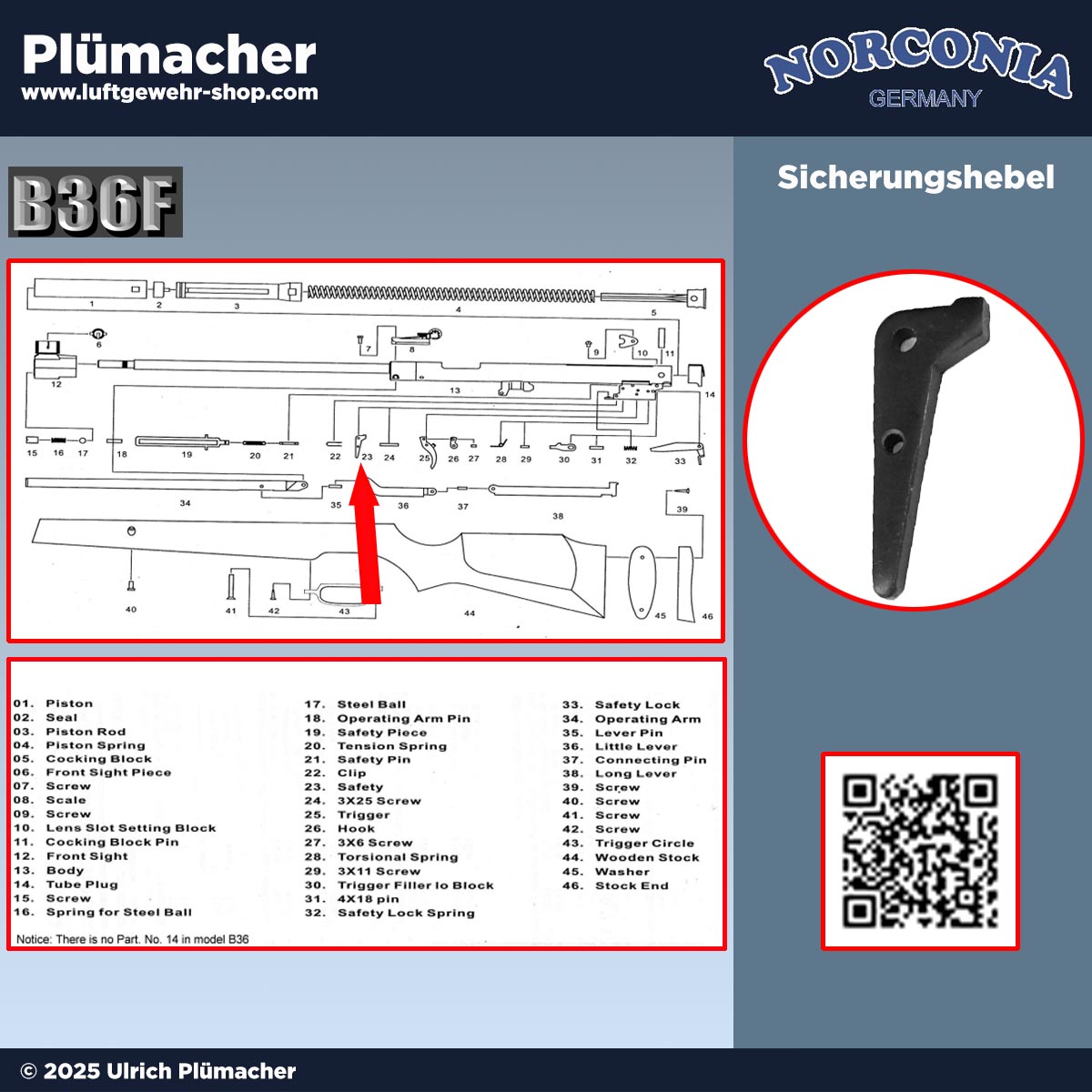 Sicherungshebel (Pos. 23) für das Norconia B36 Luftgewehr. Robustes Ersatzteil aus Metall zum Umschalten von gesichert auf entsichert – ideal für Reparatur und Instandsetzung.