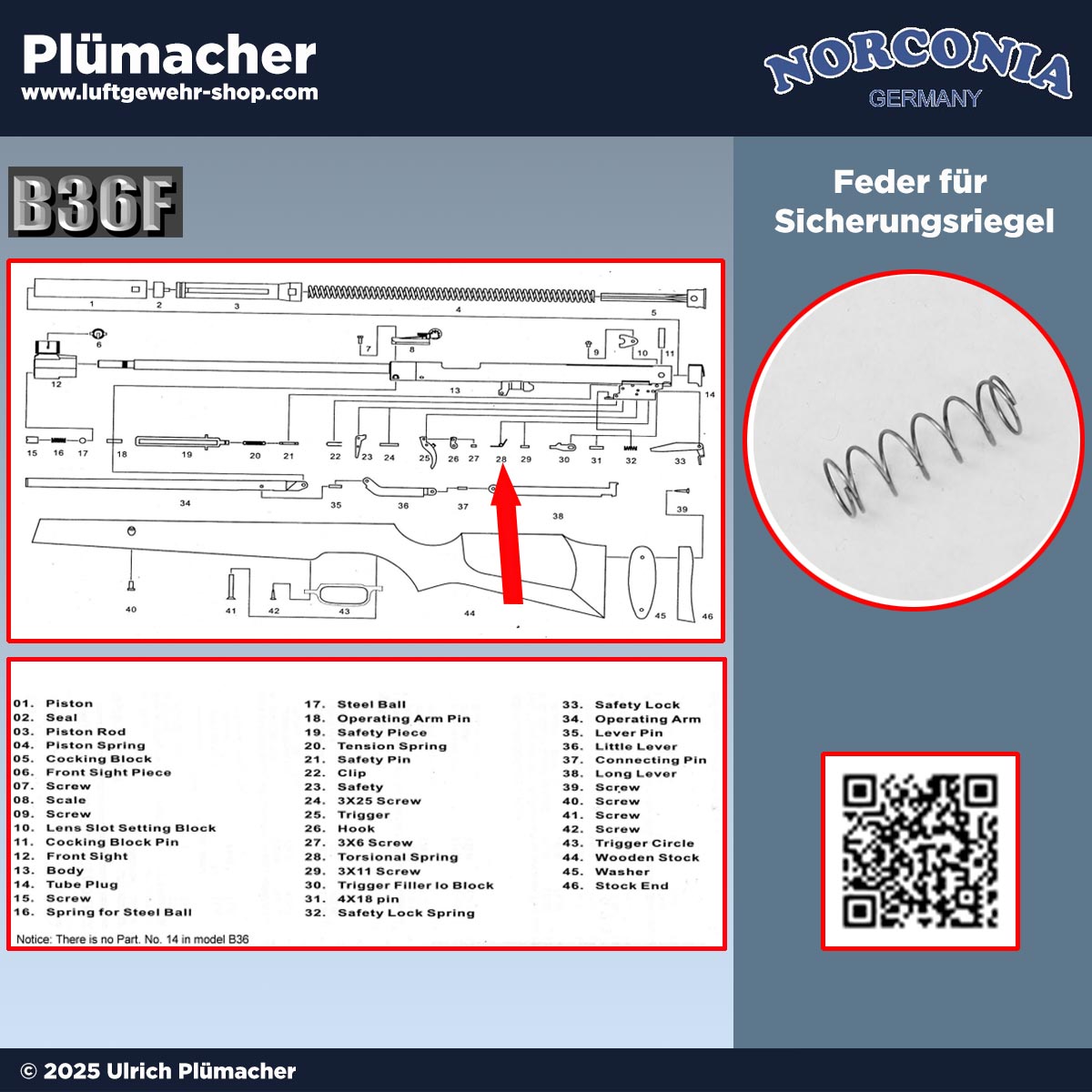 Original Feder (Pos. 32) für den Sicherungsriegel (Pos. 33) im Abzugs- und Sicherungssystem des Norconia B36 Luftgewehrs. Ersatzteil für Reparatur und Instandsetzung.