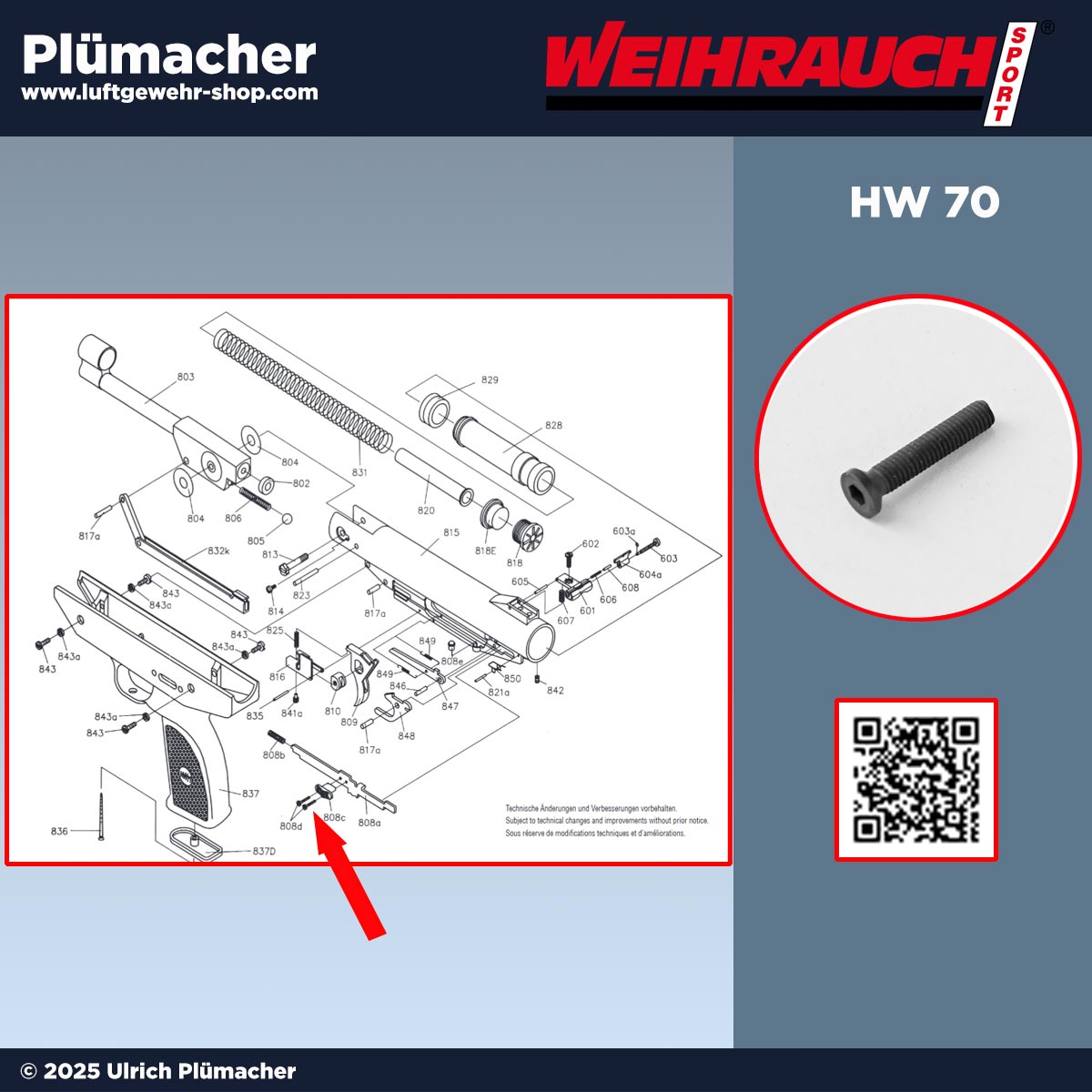 Schraube (Pos. 808d) für den Sicherungsschieber (Pos. 808c) der Weihrauch HW 70 – Original Ersatzteil, Preis pro Stück, passend für Reparatur und Wartung.