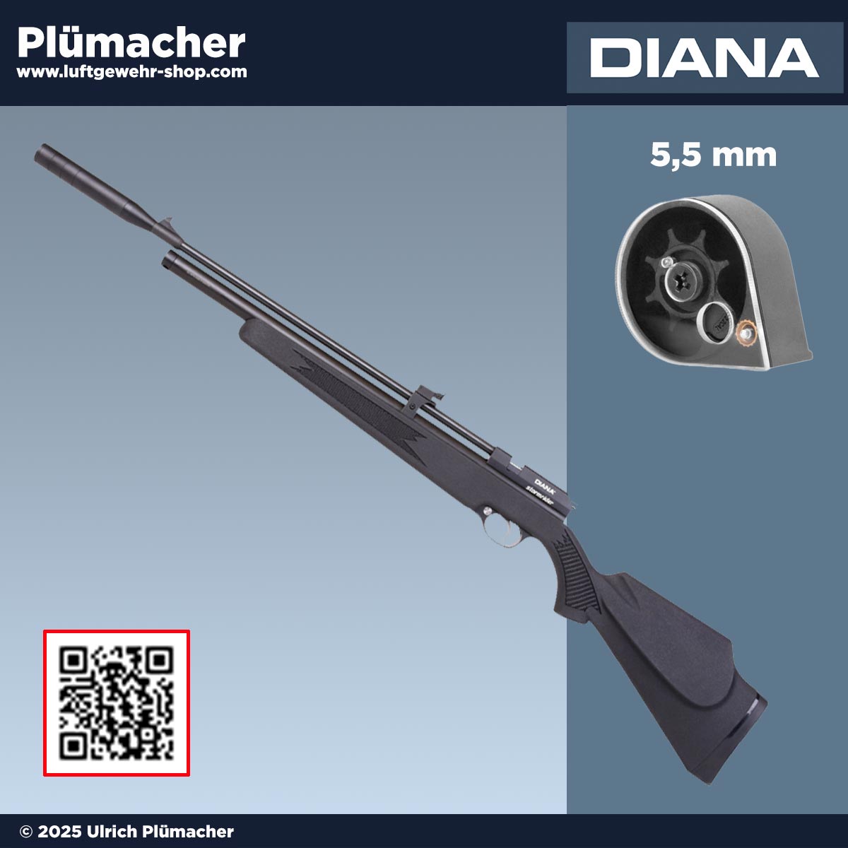 Diana Stormrider Black Pressluftgewehr 5,5 mm (.22) mit 9-Schuss Trommelmagazin, gefräster Prismenschiene und DIT-Abzug – erwerbsscheinfrei ab 18.