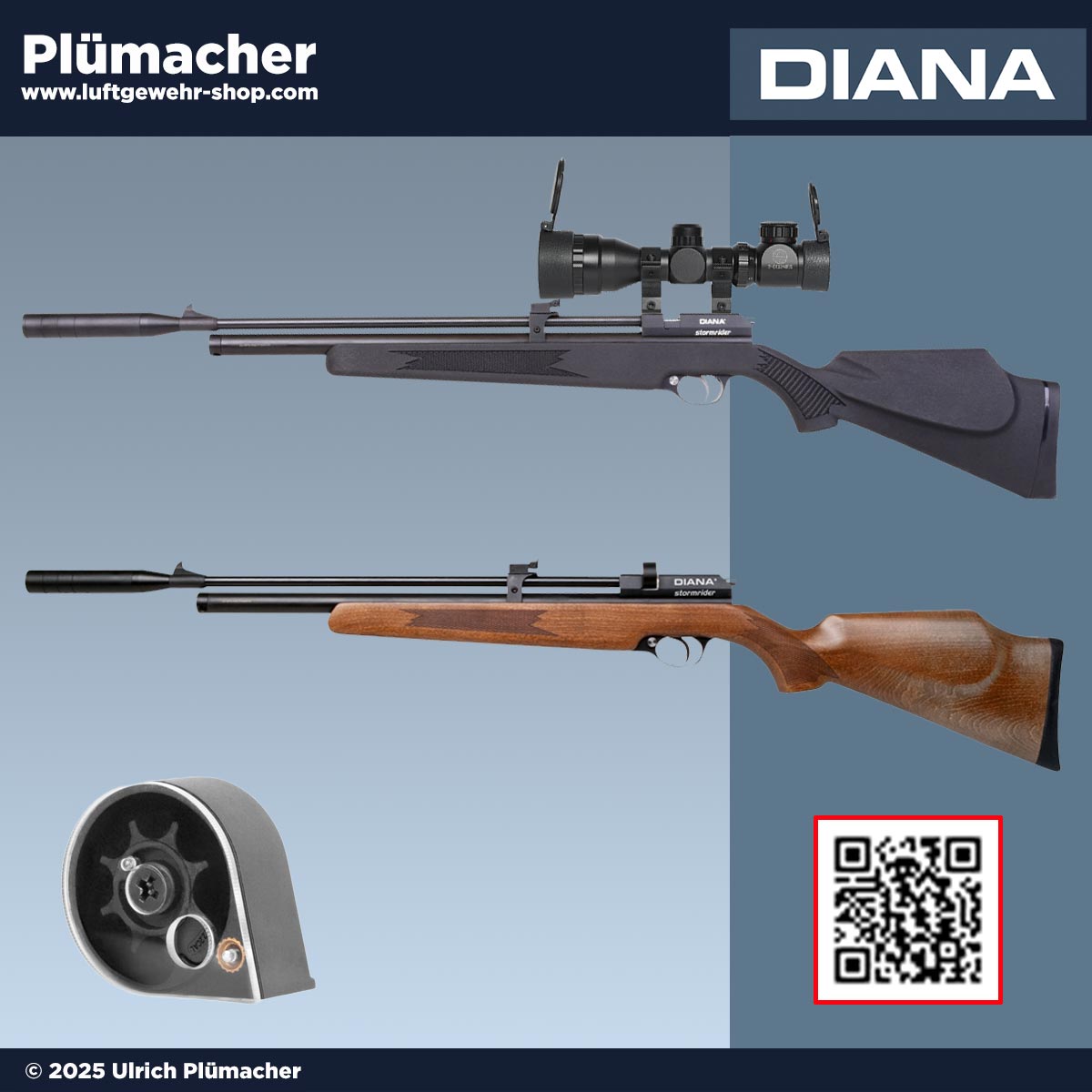 Diana Stormrider PCP-Luftgewehre mit Holz- oder Kunststoff-Allwetterschaft. Mehrschüssige Pressluftgewehre mit Magazin im Kaliber 4,5 mm oder 5,5 mm Diabolo – erhältlich im Luftgewehr Shop.