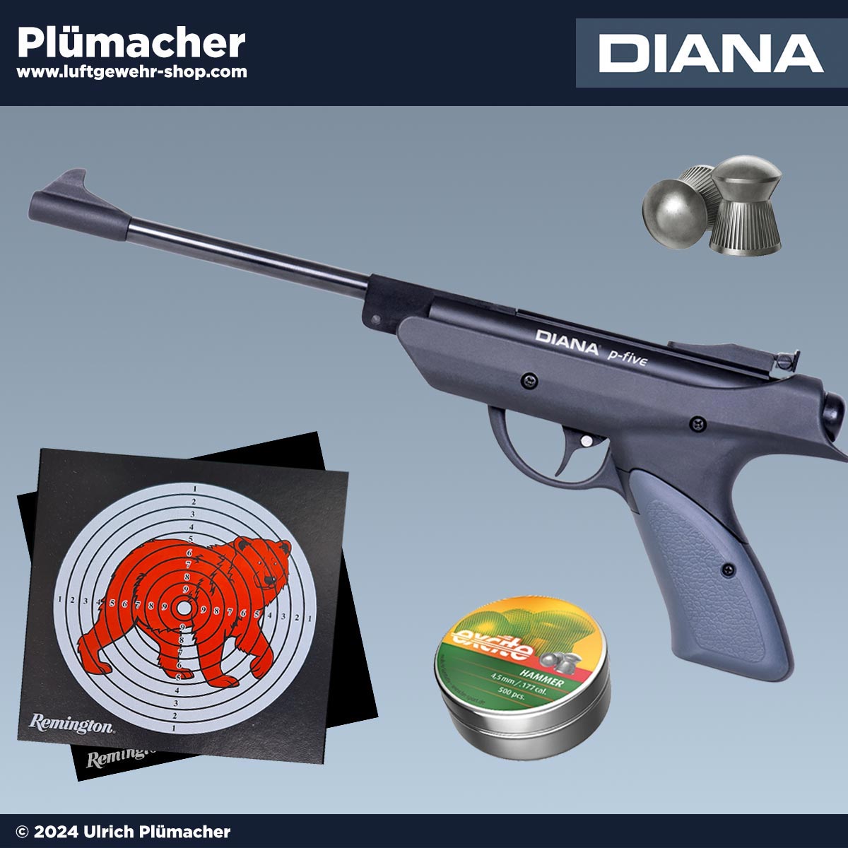 Luftpistole Diana p-five Starterset im Kaliber 4,5 mm mit Diabolos und Zielscheiben