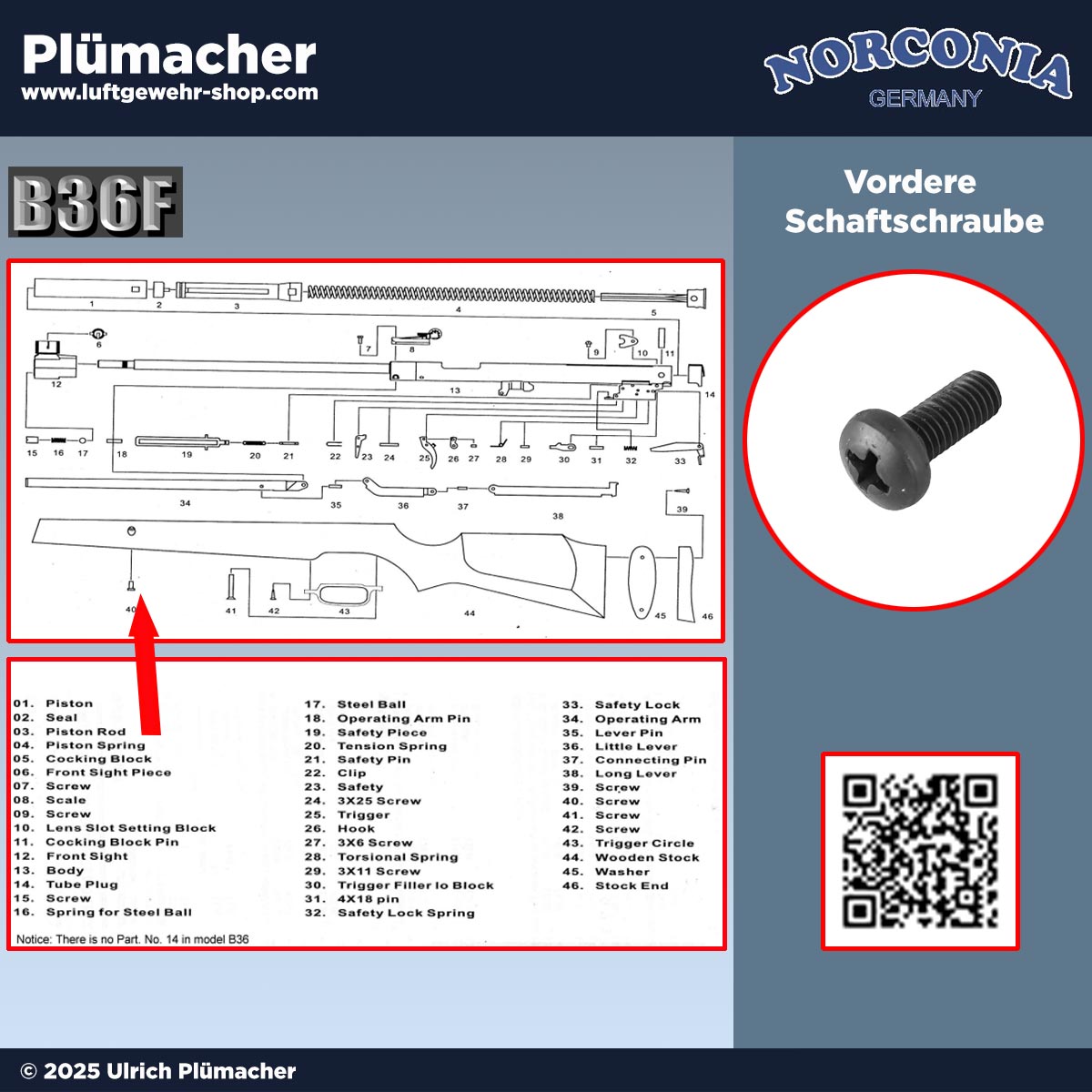 Vordere Schaftschraube (Pos. 40) für das Norconia B36 Luftgewehr. Verbindungsschraube zwischen Schaft und System, eine von zwei Schrauben zur Fixierung des Abzugsbügels, Preis pro Stück.