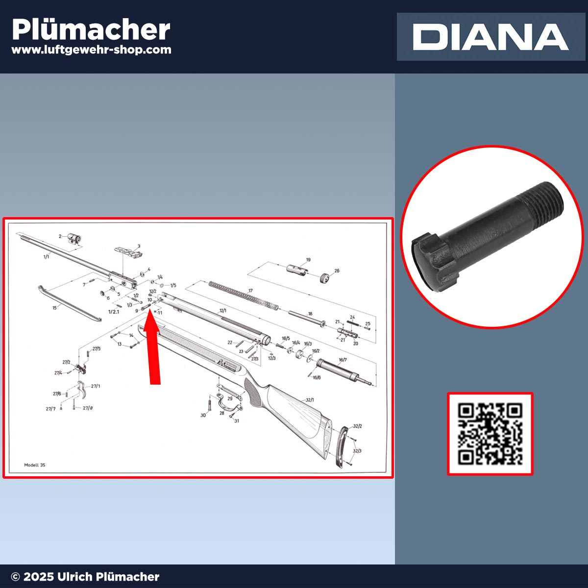 Gelenkschraube (Pos. 9) für das Diana 35 Luftgewehr. Scharnierschraube mit Aussparungen für Sicherungsschraube 30031100, ermöglicht das Abknicken und Spannen des Laufes.