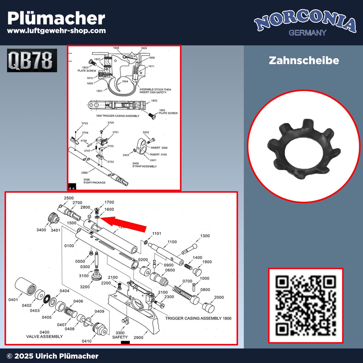 Zahnscheibe aus Metall für das Norconia QB78 CO₂-Luftgewehr. Ersatzteil Pos. 1600 auf der Explosionszeichnung – dient als Sicherung der Halteschraube Pos. 1700. Passend für QB78 Reparatur und Wartung.