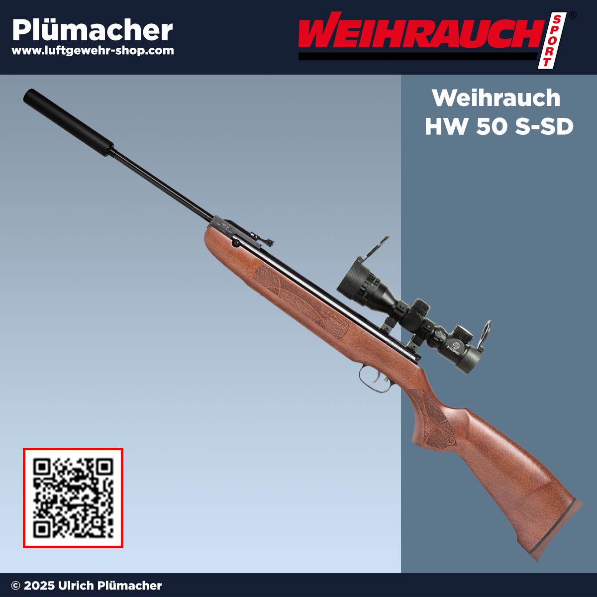 Weihrauch HW 50S Luftgewehr mit montiertem Zielfernrohr 2–6x32 und Schalldämpfer – Seitenansicht