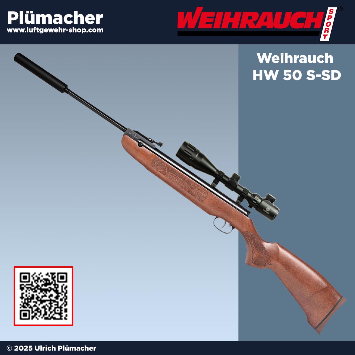 Luftgewehr Weihrauch HW 50S SD mit Zielfernrohr 3–9x40, beleuchtetem Absehen und Schalldämpfer