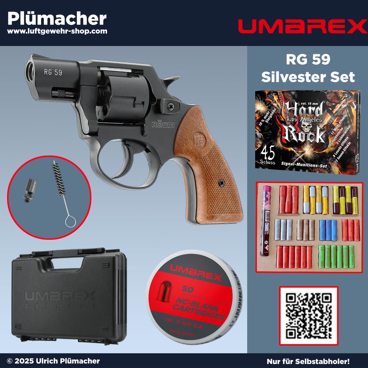 Silvester Set mit Röhm RG 59 Schreckschussrevolver, Feuerwerk und Platzpatronen