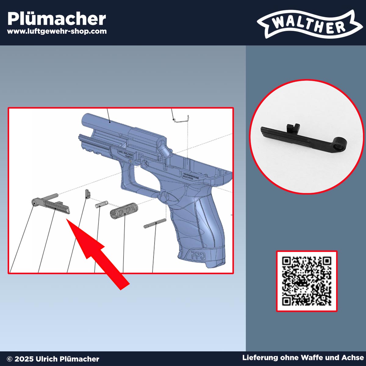 Detaillierte Nahaufnahme eines Schlittenfanghebels für die Walther PPQ Schreckschusspistole. Das Ersatzteil aus Metall sorgt für die Arretierung des Schlittens nach dem letzten Schuss.