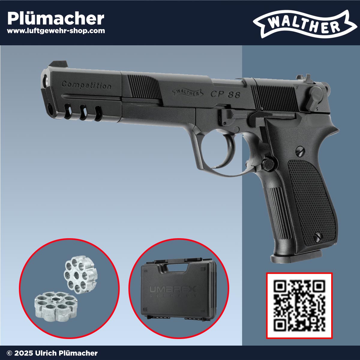 CO₂-Pistole Walther CP88 Competition in schwarzer Ausführung, gezeigt in der linken Seitenansicht mit sichtbaren Griffdetails und Laufverlängerung.