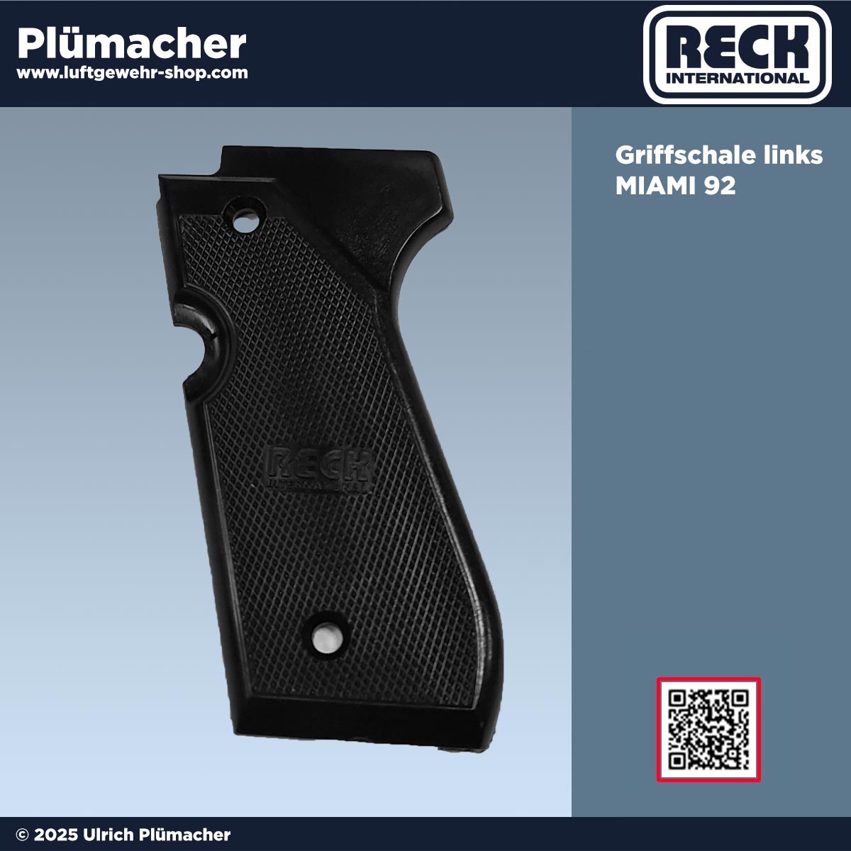 Linke Kunststoff-Griffschale als Ersatzteil für die Miami 92 Schreckschusspistole, seitliche Ansicht