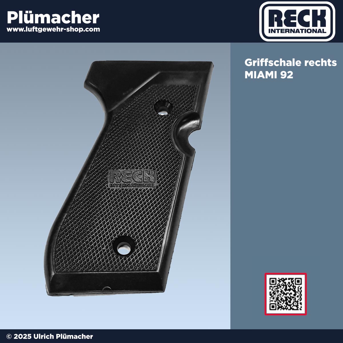 Rechte schwarze Griffschale als passendes Ersatzteil für die Miami 92 Schreckschusspistole, von rechts abgebildet