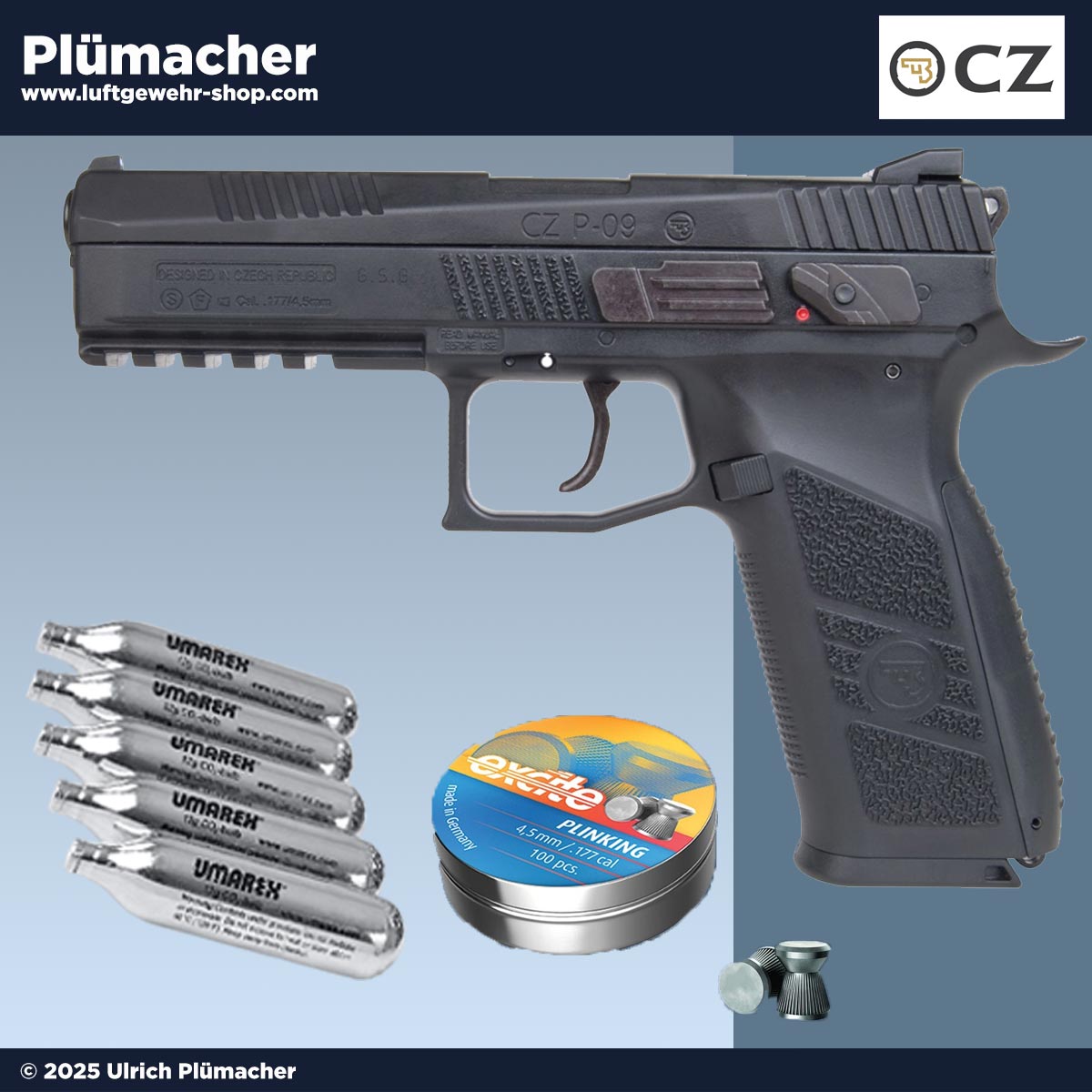 Detailfoto der CZ 75 P-09 Duty CO₂ Pistole in Schwarz mit Metallschlitten, BlowBack System und 4,5 mm Diabolo/BB Doppelmagazin