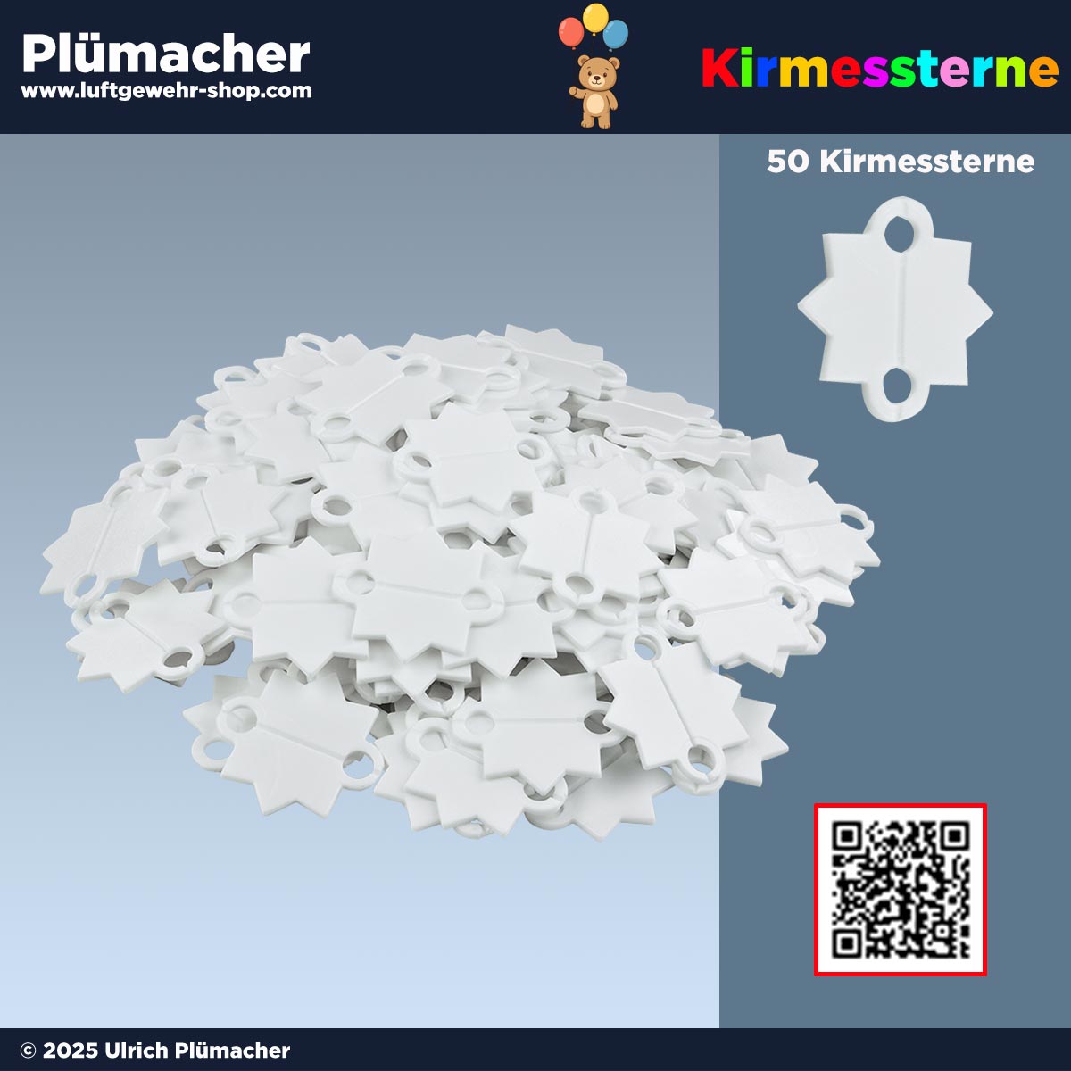 Weiße Kirmessterne aus Kunststoff mit Aufhängeöse – 50 Stück als Ziele für Luftgewehr und Luftpistole