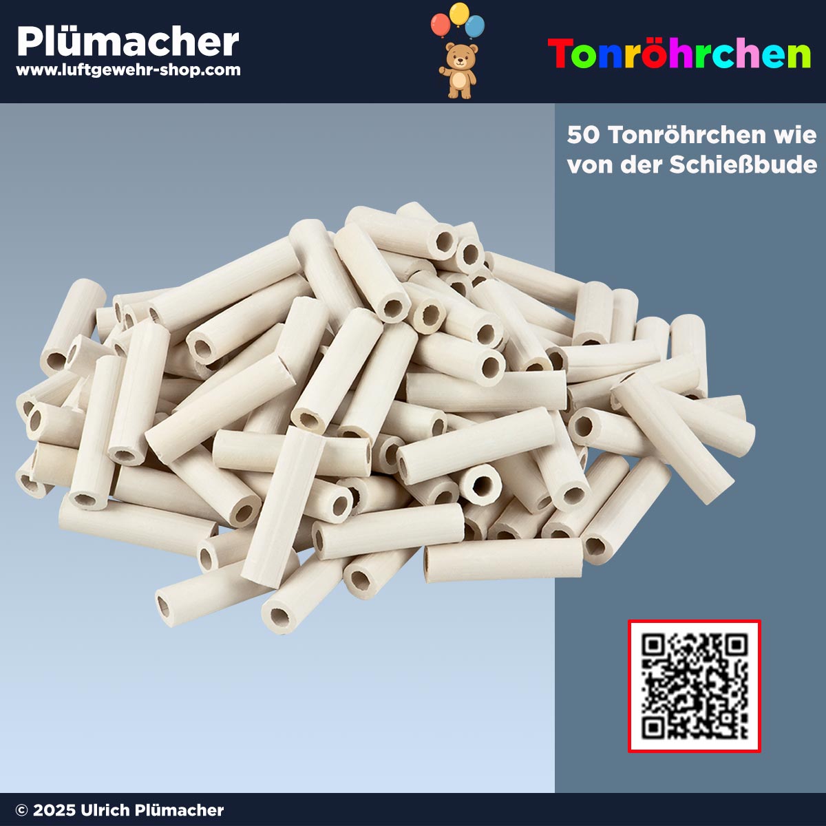 Tonröhrchen für Luftgewehr und Luftpistole – 50 Stück, 4 cm lang, weite Lochung, klassische Kirmes-Schießziele aus Ton