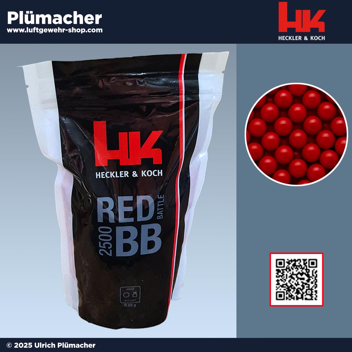 Rote Softairkugeln Heckler & Koch Red Battle BB, 0,20 g, hochwertige mehrfach polierte BBs in Nahaufnahme.