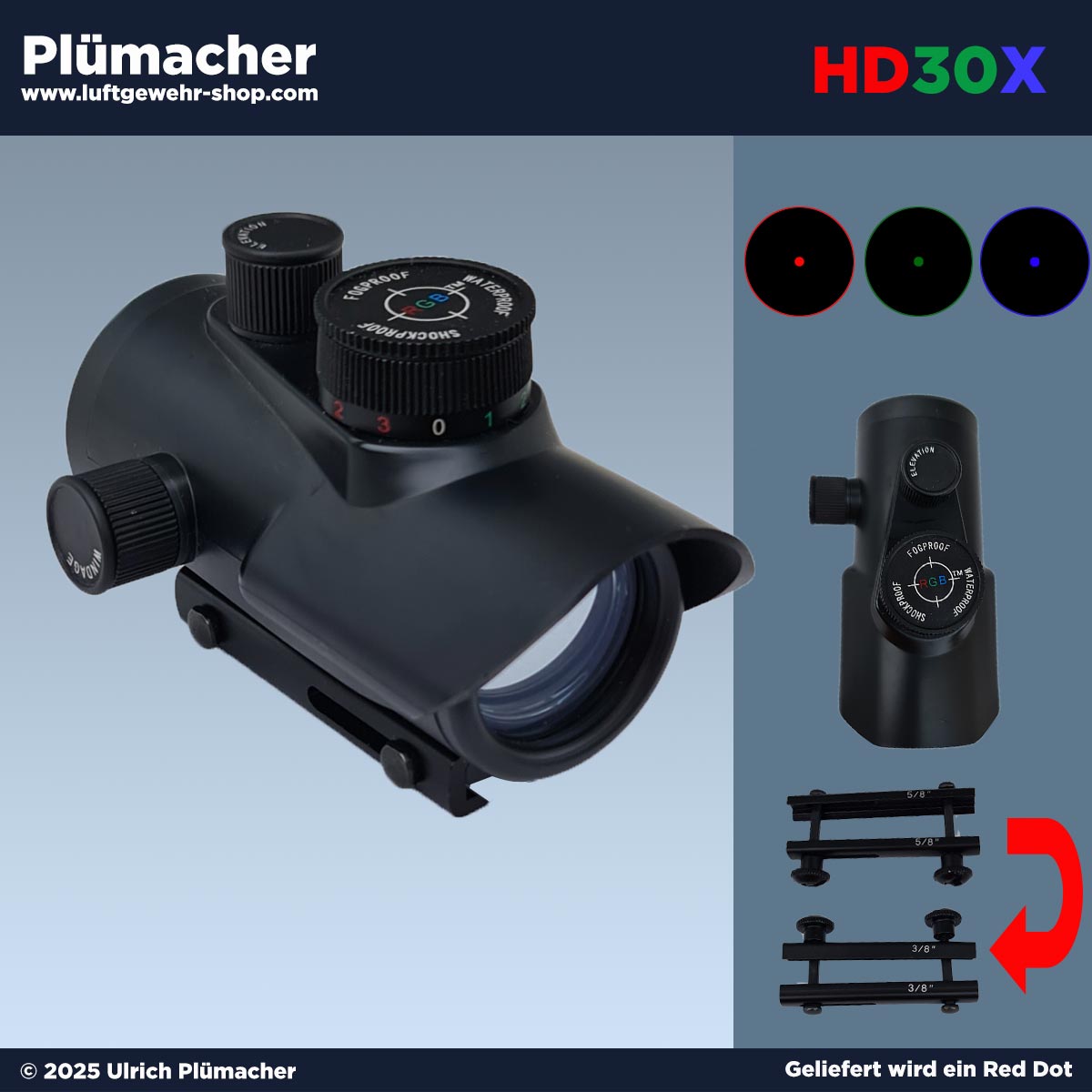 Das Bild zeigt das Red Dot Leuchtpunktvisier HD30X mit vergüteter 30-mm-Linse, Sonnendach und Kombimontage für 11-mm- und 22-mm-Schienen. Das Visier bietet drei Farbmodi (rot, grün, blau) mit je drei Helligkeitsstufen und eignet sich für Luftgewehre, Luftpistolen, Softair- und CO₂-Waffen.