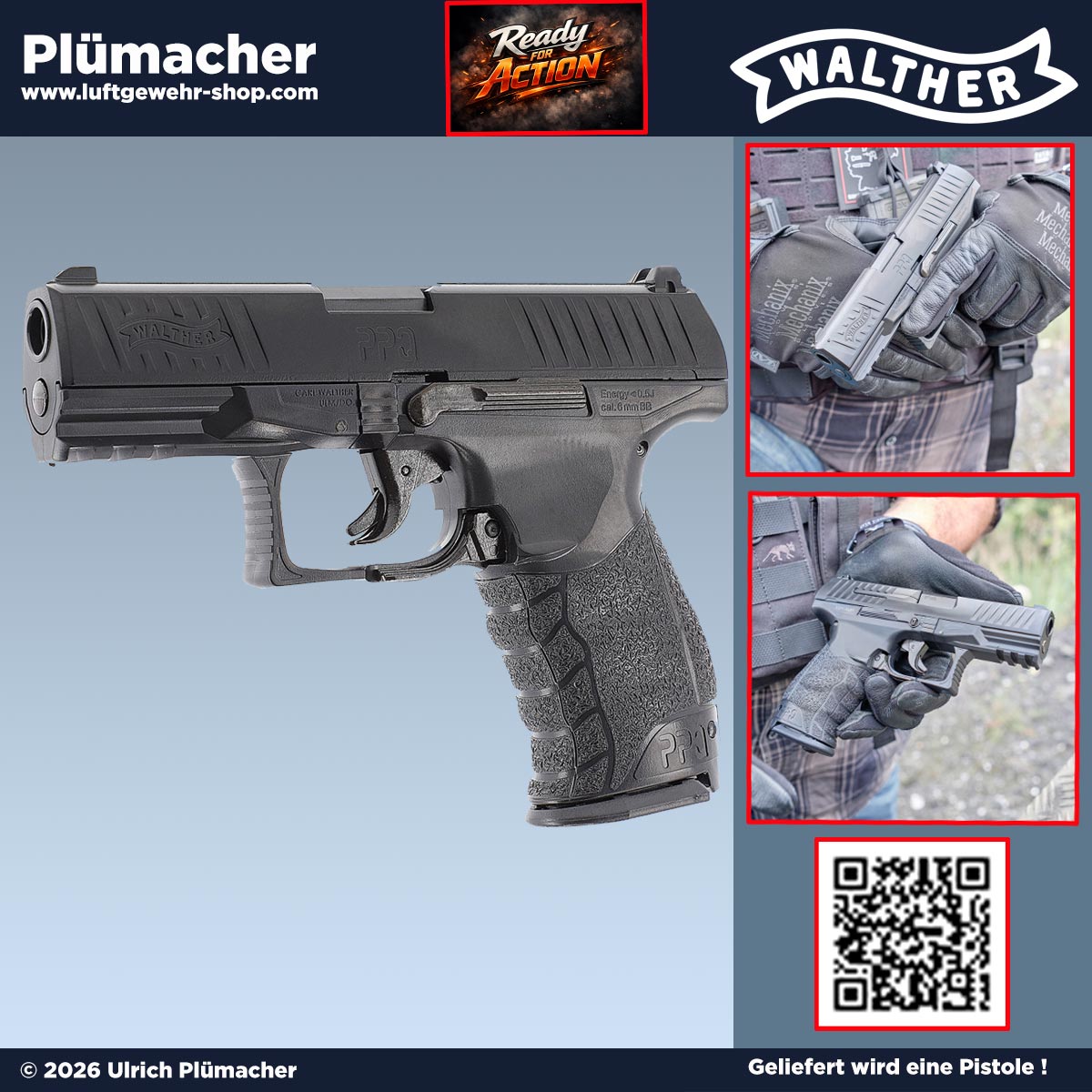 Walther PPQ Softairpistole mit Federdruck, Metallschlitten und Magazin – unter 0,5 Joule