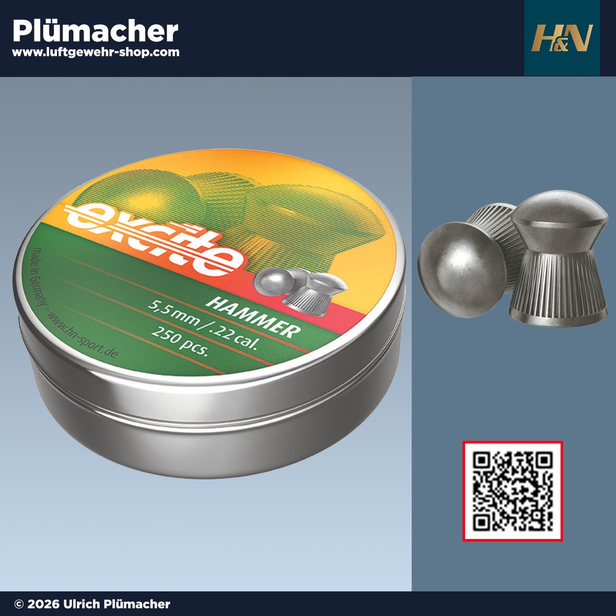 H&N Excite Hammer Rundkopf Diabolos 5,5 mm (.22) – präzise Luftgewehrmunition für Freizeit und Training