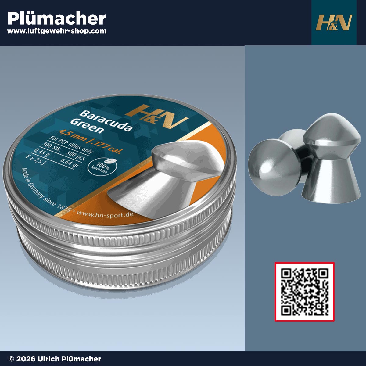 H&N Baracuda Green Diabolos 4,5 mm (.177) – bleifreie Luftgewehrmunition für präzises Schießen