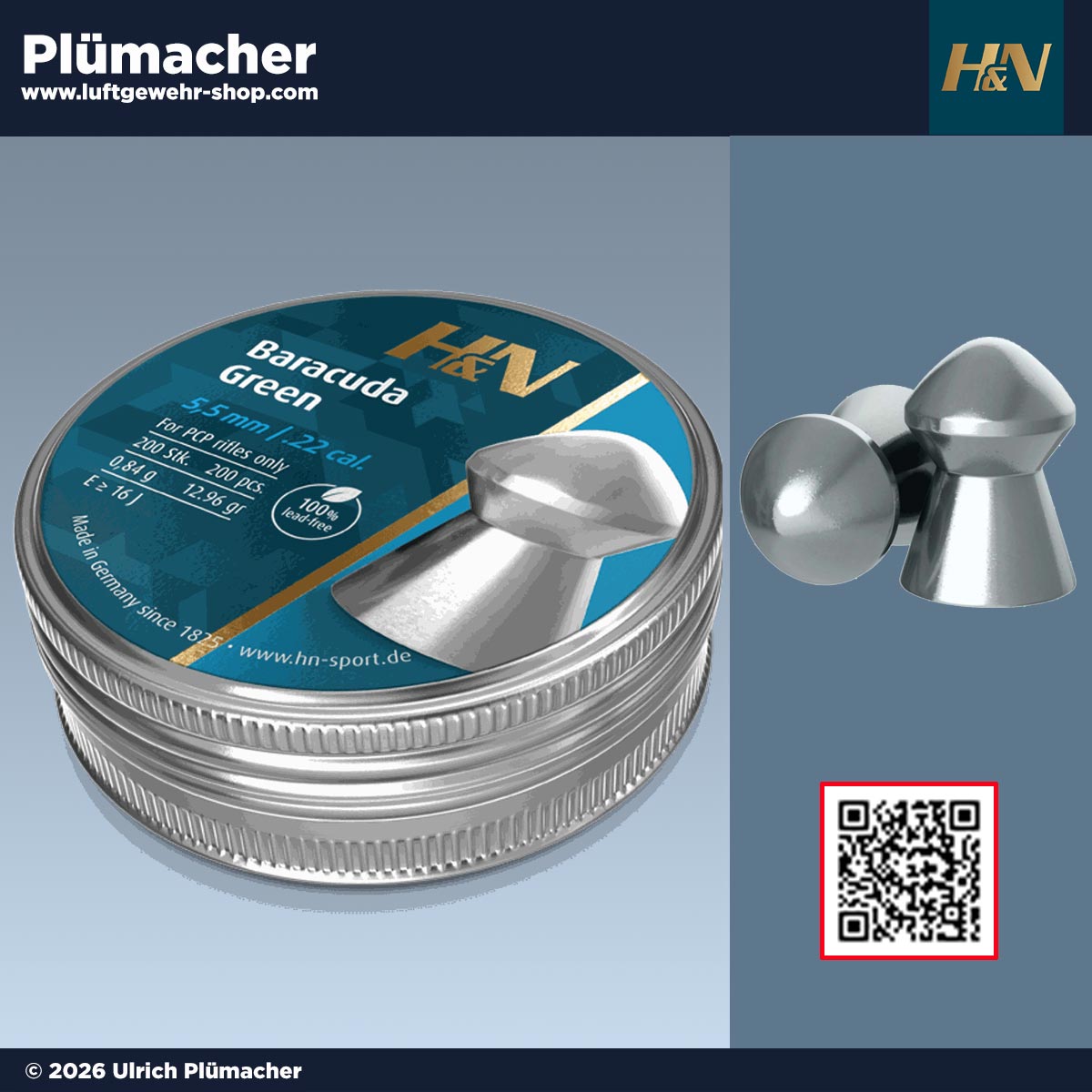 H&N Baracuda Green Diabolos 5,5 mm (.22) – bleifreie Luftgewehrmunition für präzises Schießen