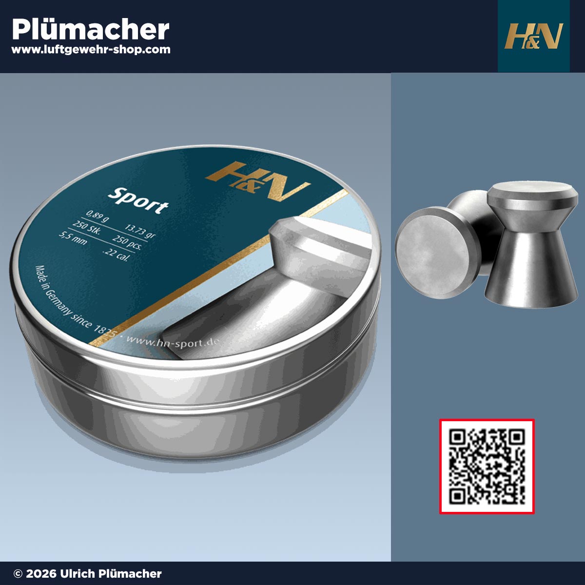 H&N Sport Diabolos 5,5 mm (.22) glatt – Luftgewehrmunition für Freizeit und Training