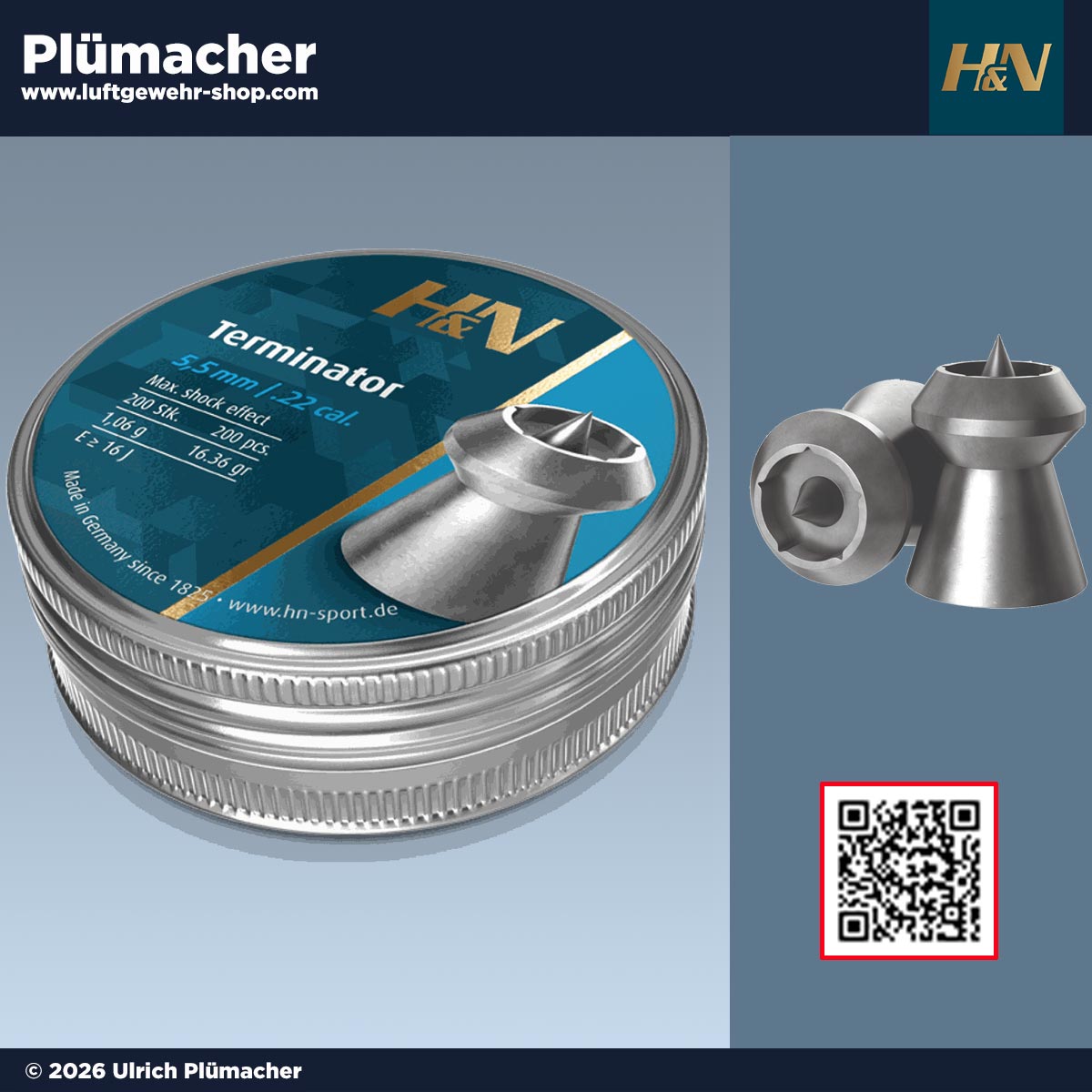 H&N Terminator Diabolos 5,5 mm (.22) mit Metallspitze – Luftgewehrmunition für die Jagd