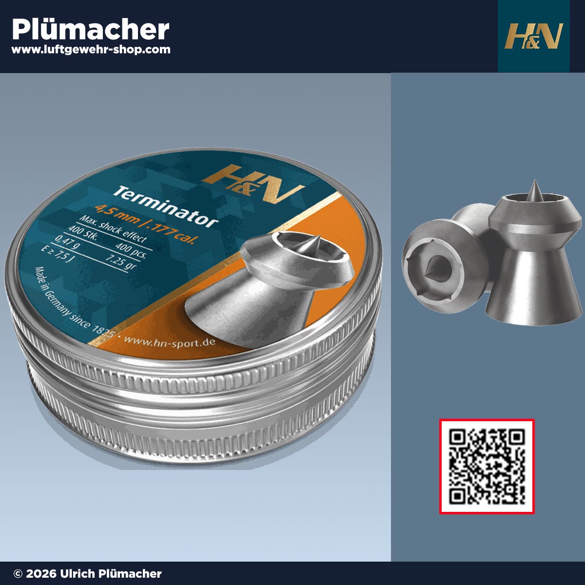 H&N Terminator Diabolos 4,5 mm (.177) mit Metallspitze – Luftgewehrmunition für die Jagd