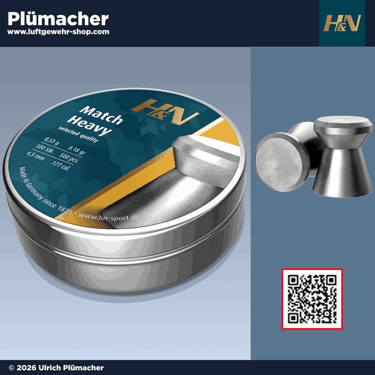 H&N Match Heavy Diabolos 4,5 mm (.177) – glatte Matchdiabolos für Luftgewehr und Luftpistole
